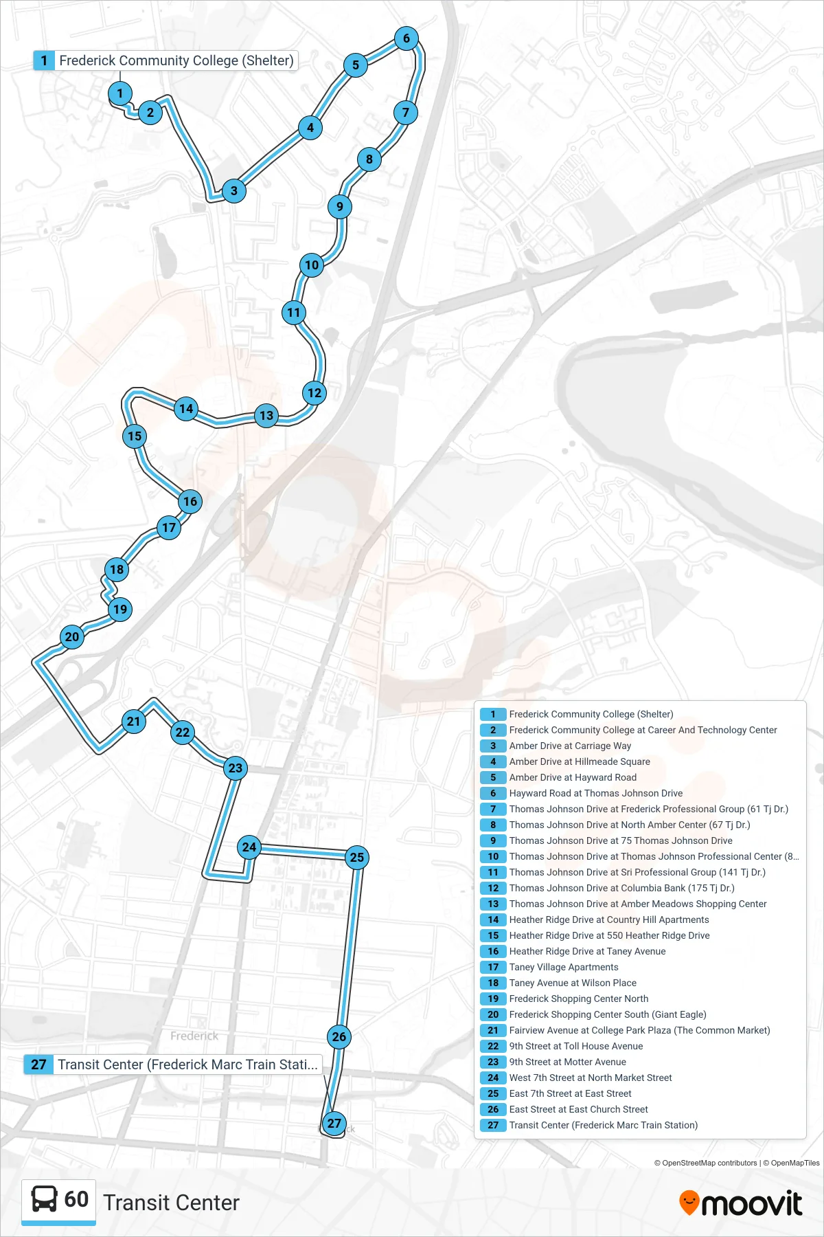 60 bus Line (Transit Center) route and stops on a map
