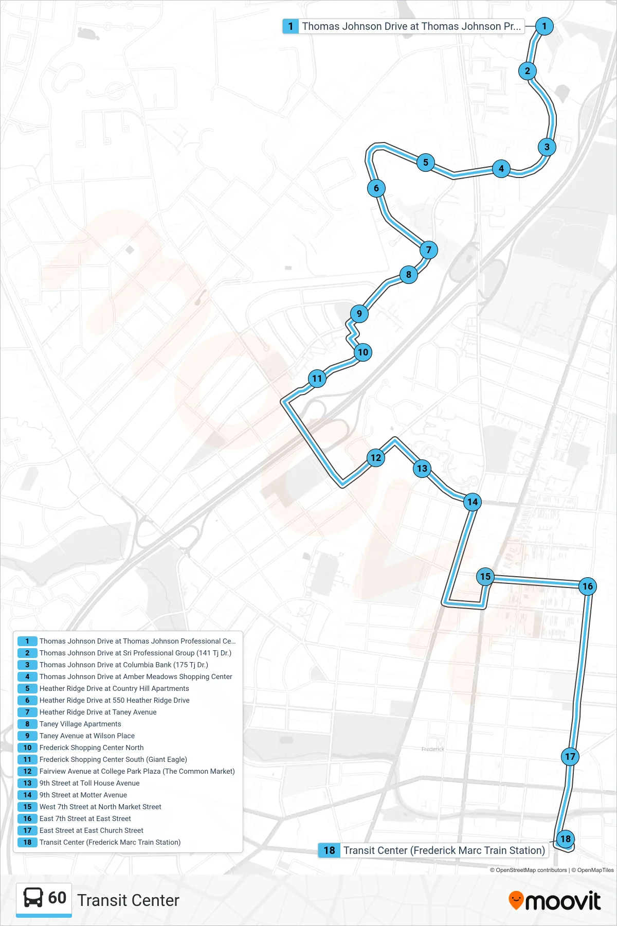 60 bus Line (Transit Center) route and stops on a map
