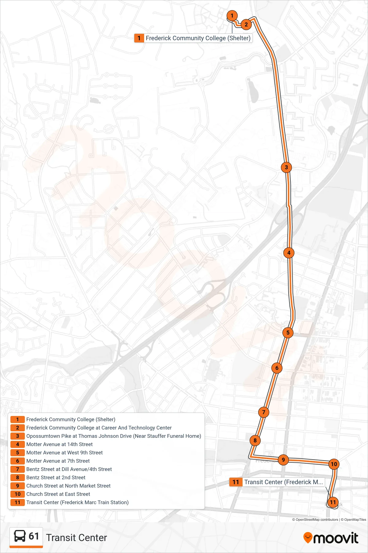 61 bus Line (Transit Center) route and stops on a map