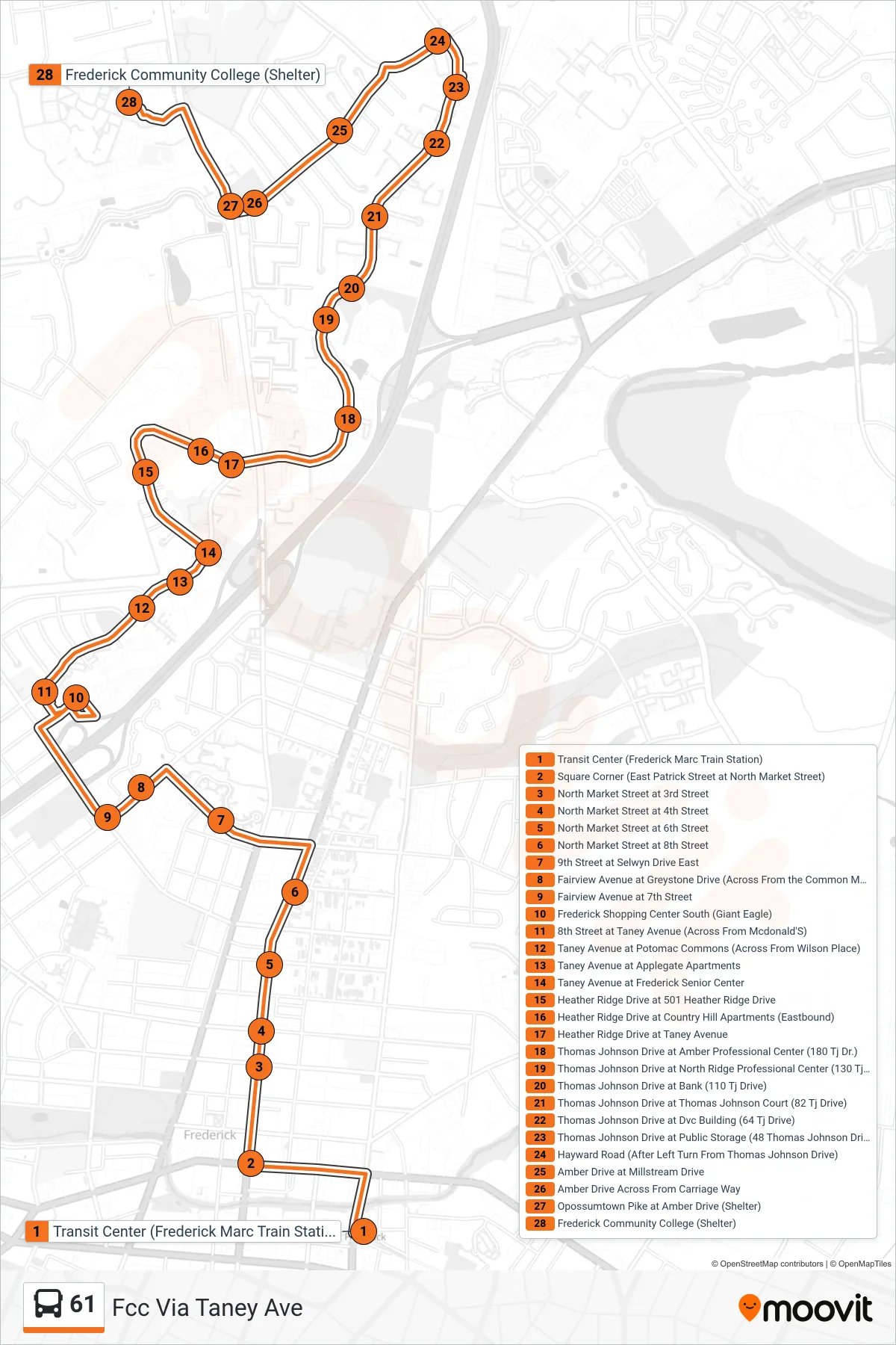 61 bus Line (Fcc Via Taney Ave) route and stops on a map