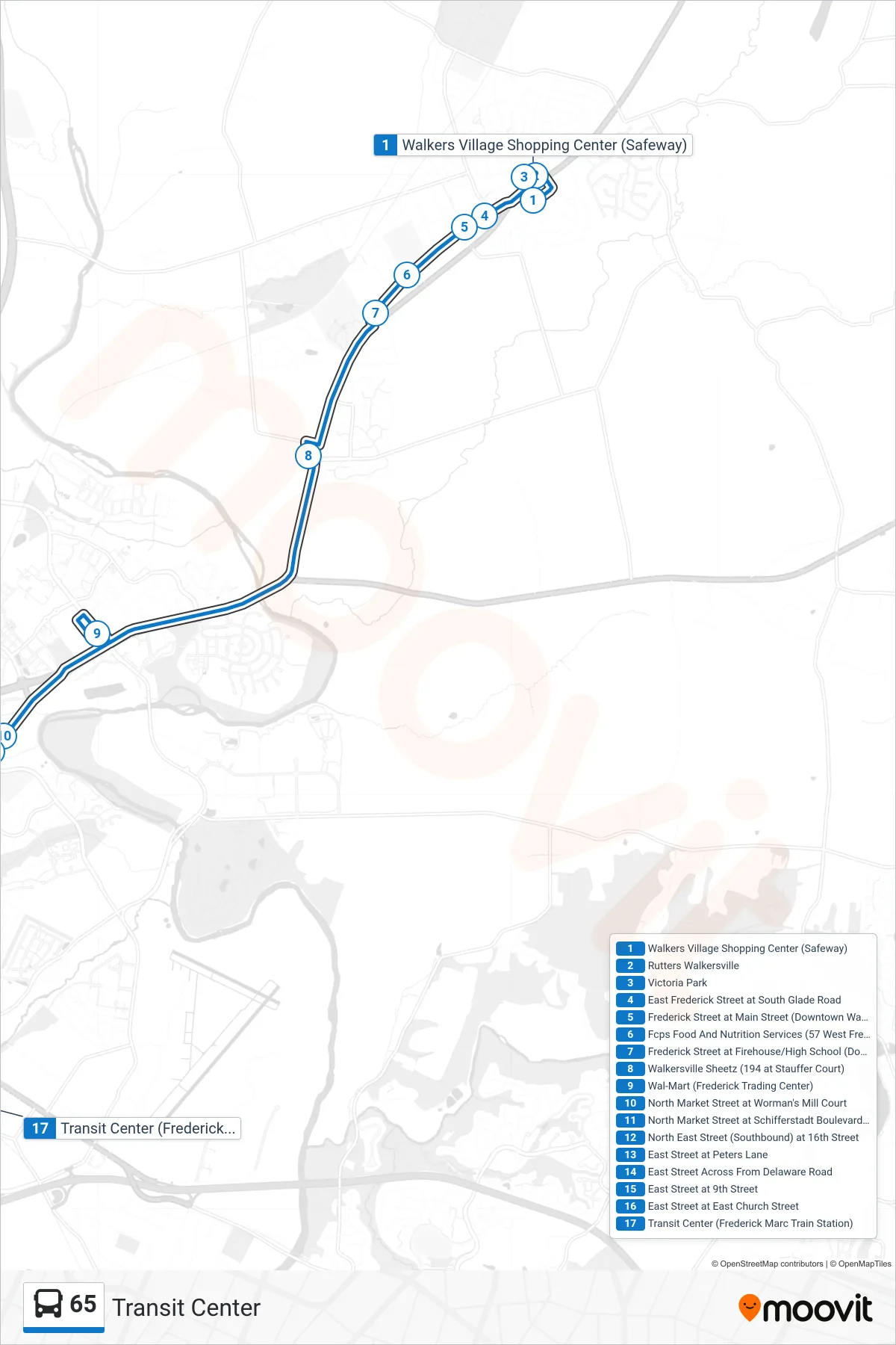 65 bus Line (Transit Center) route and stops on a map