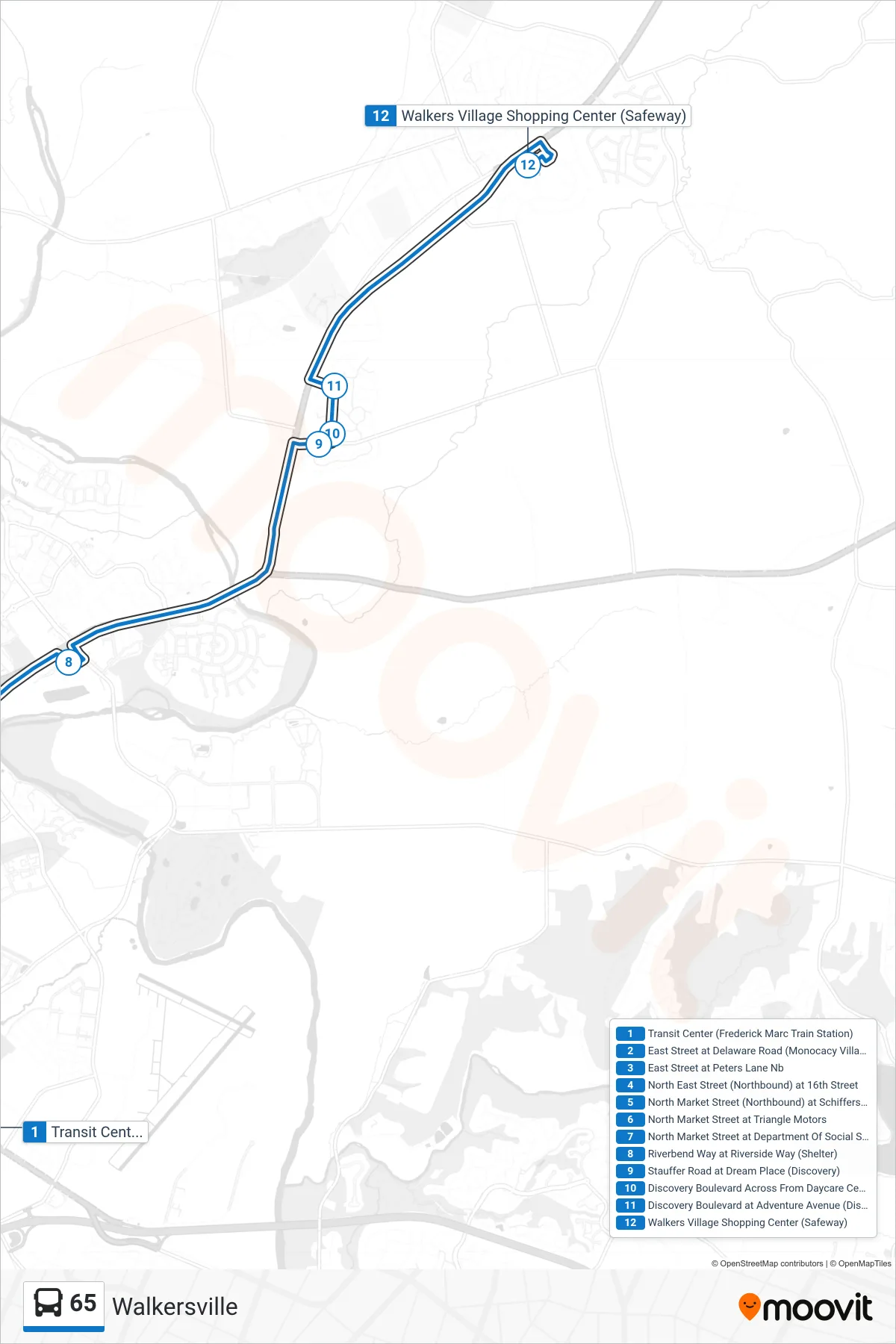 65 bus Line (Walkersville) route and stops on a map