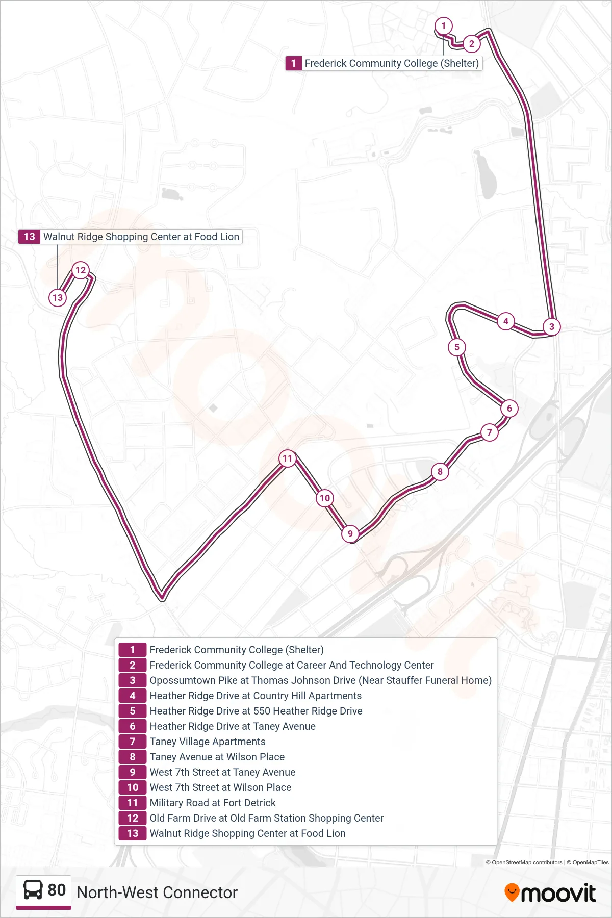 80 bus Line (North-West Connector) route and stops on a map