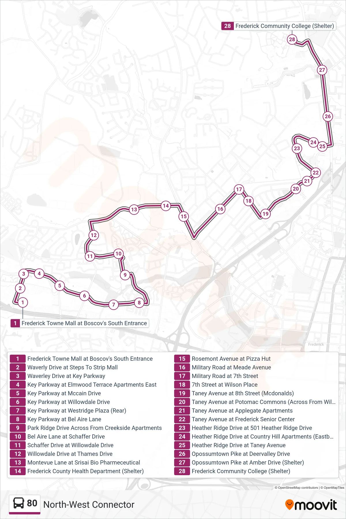 80 bus Line (North-West Connector) route and stops on a map
