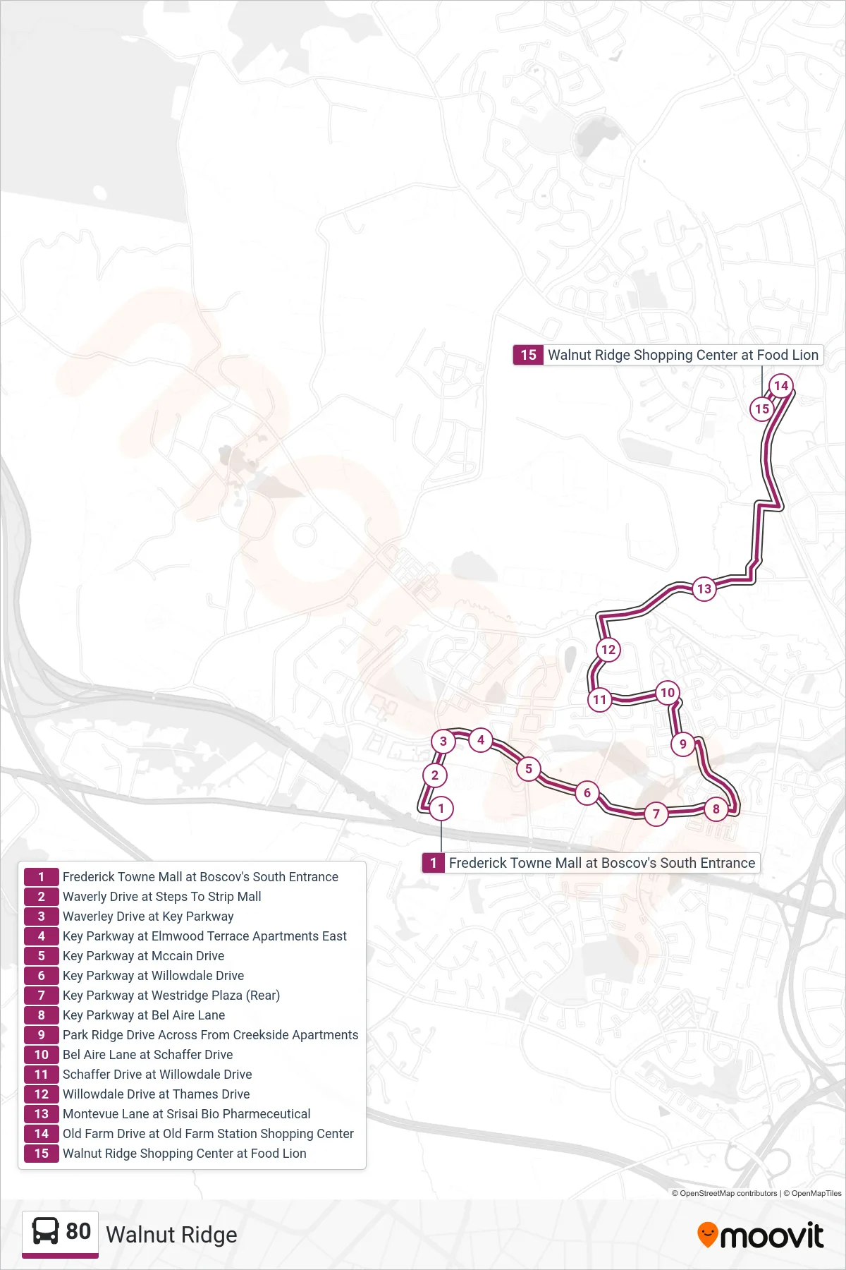80 bus Line (Walnut Ridge) route and stops on a map