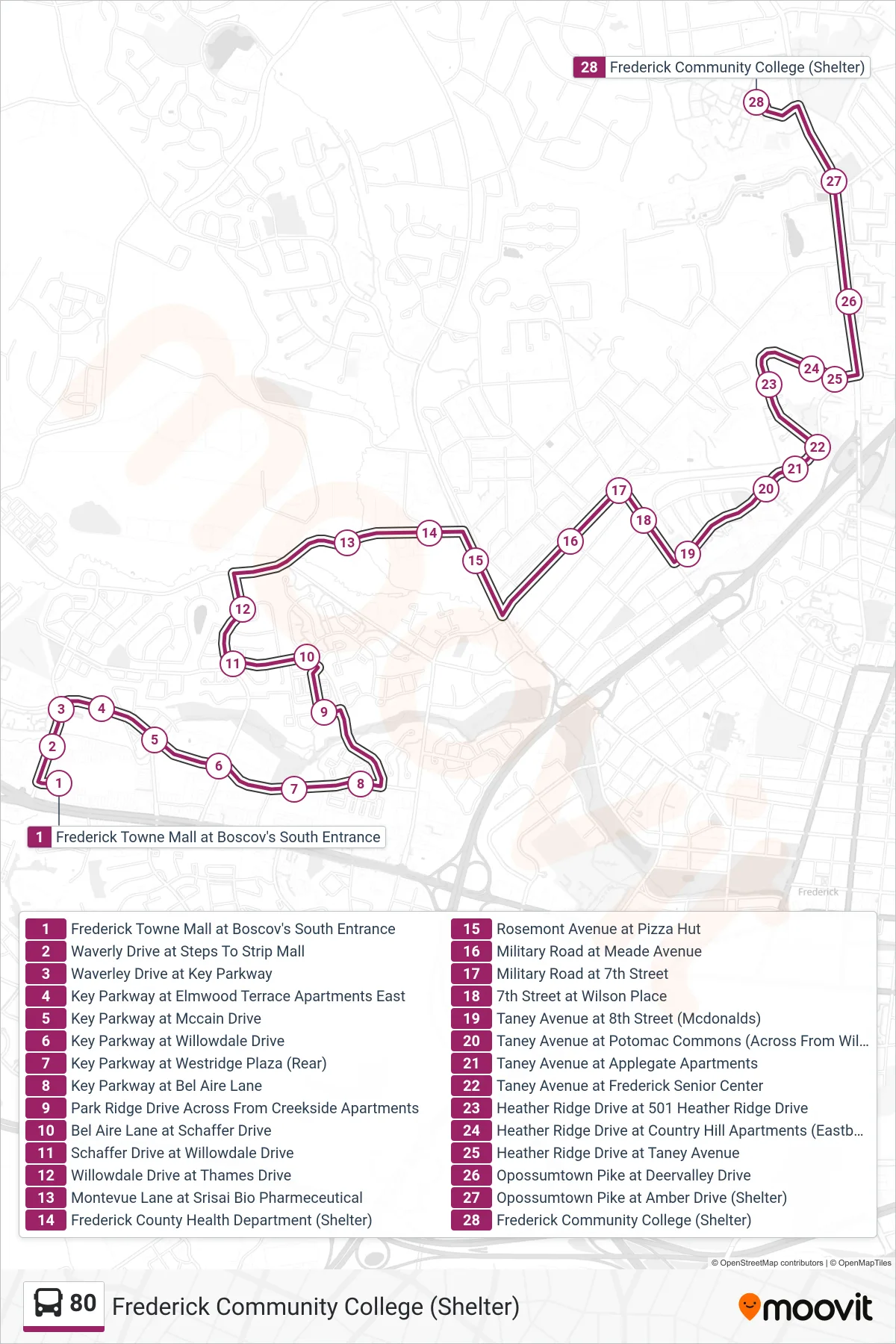 80 bus Line (Frederick Community College (Shelter)) route and stops on a map