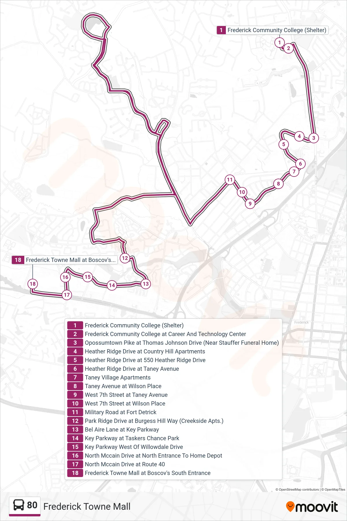 80 bus Line (Frederick Towne Mall) route and stops on a map