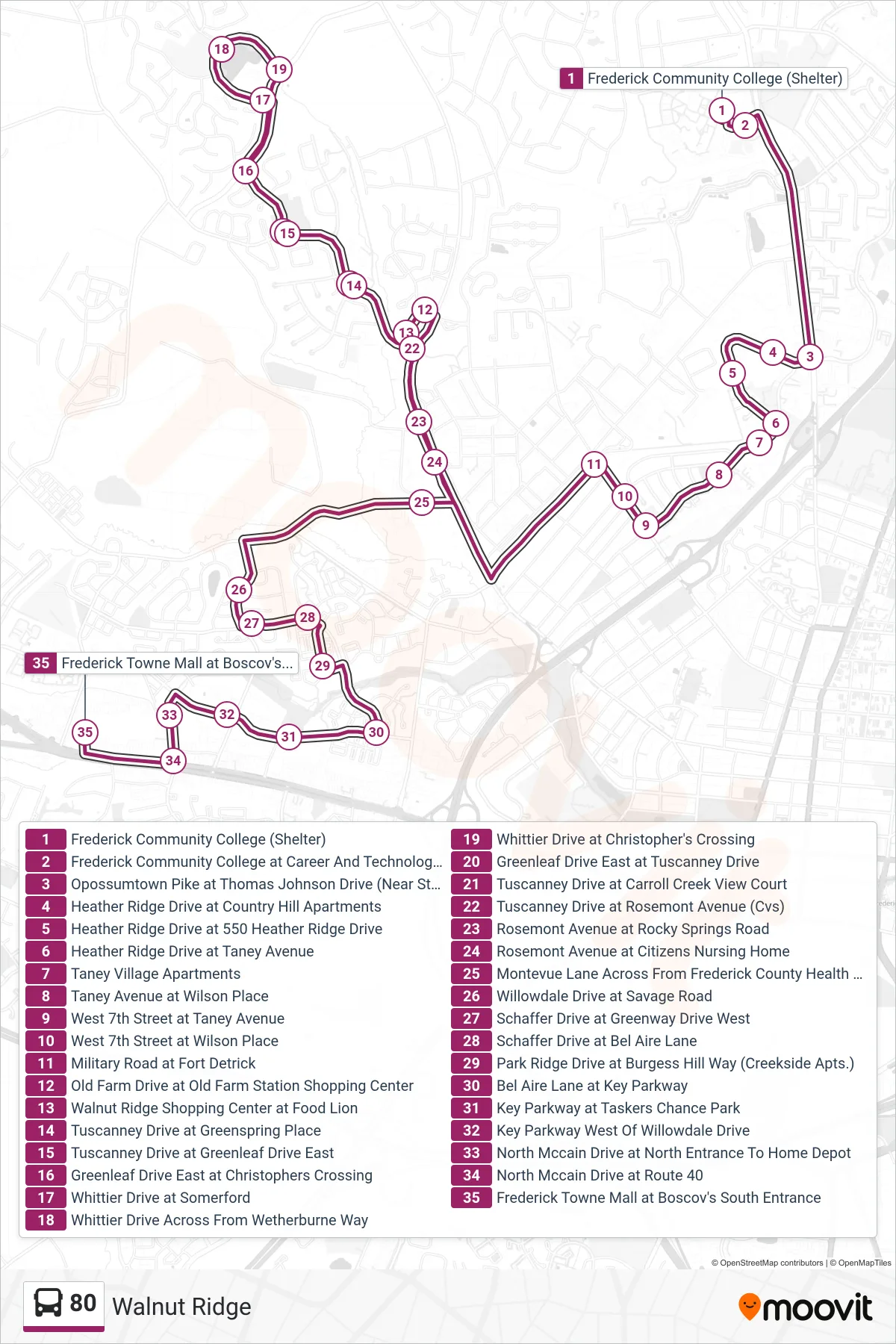 80 bus Line (Walnut Ridge) route and stops on a map