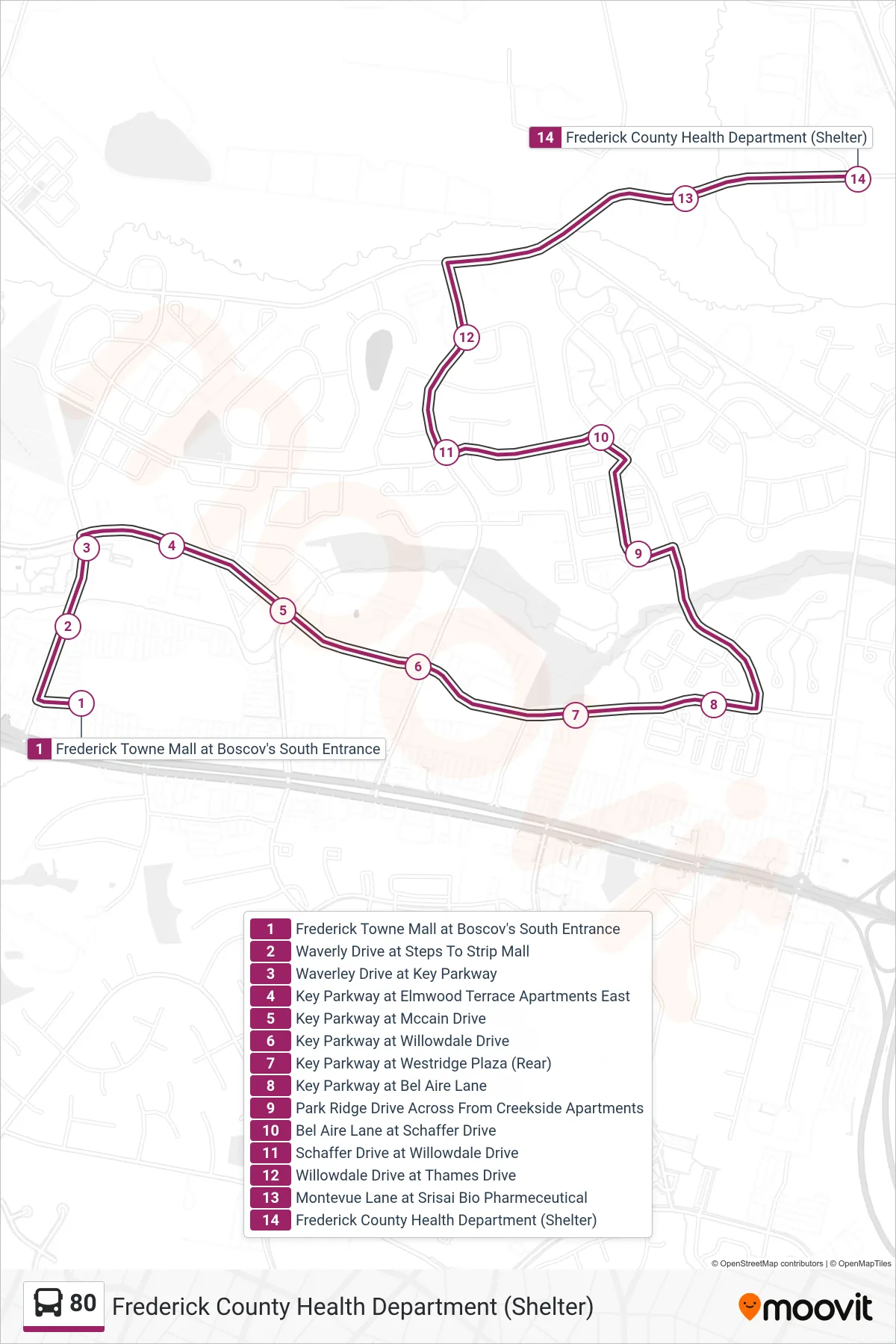 80 bus Line (Frederick County Health Department (Shelter)) route and stops on a map
