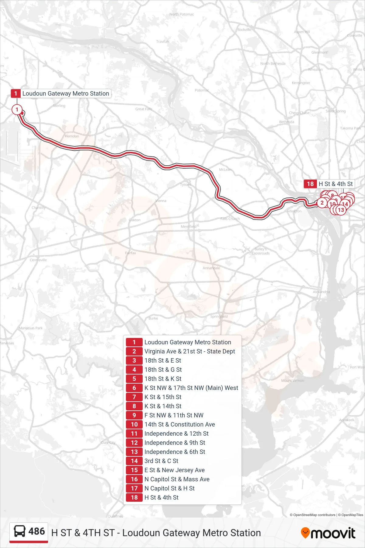 486 bus Line (Dc All Stops) route and stops on a map