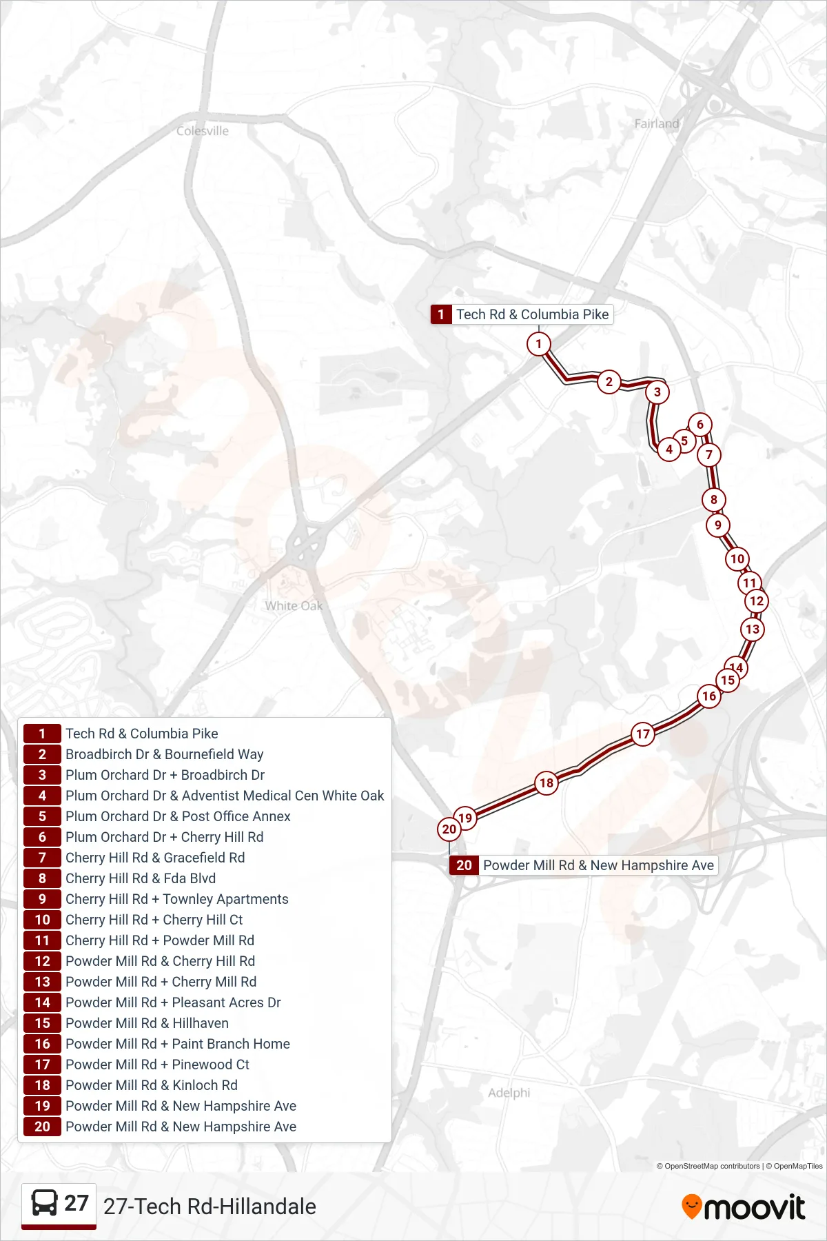 27 bus Line (Hillandale Via Adventist Healthcare) route and stops on a map