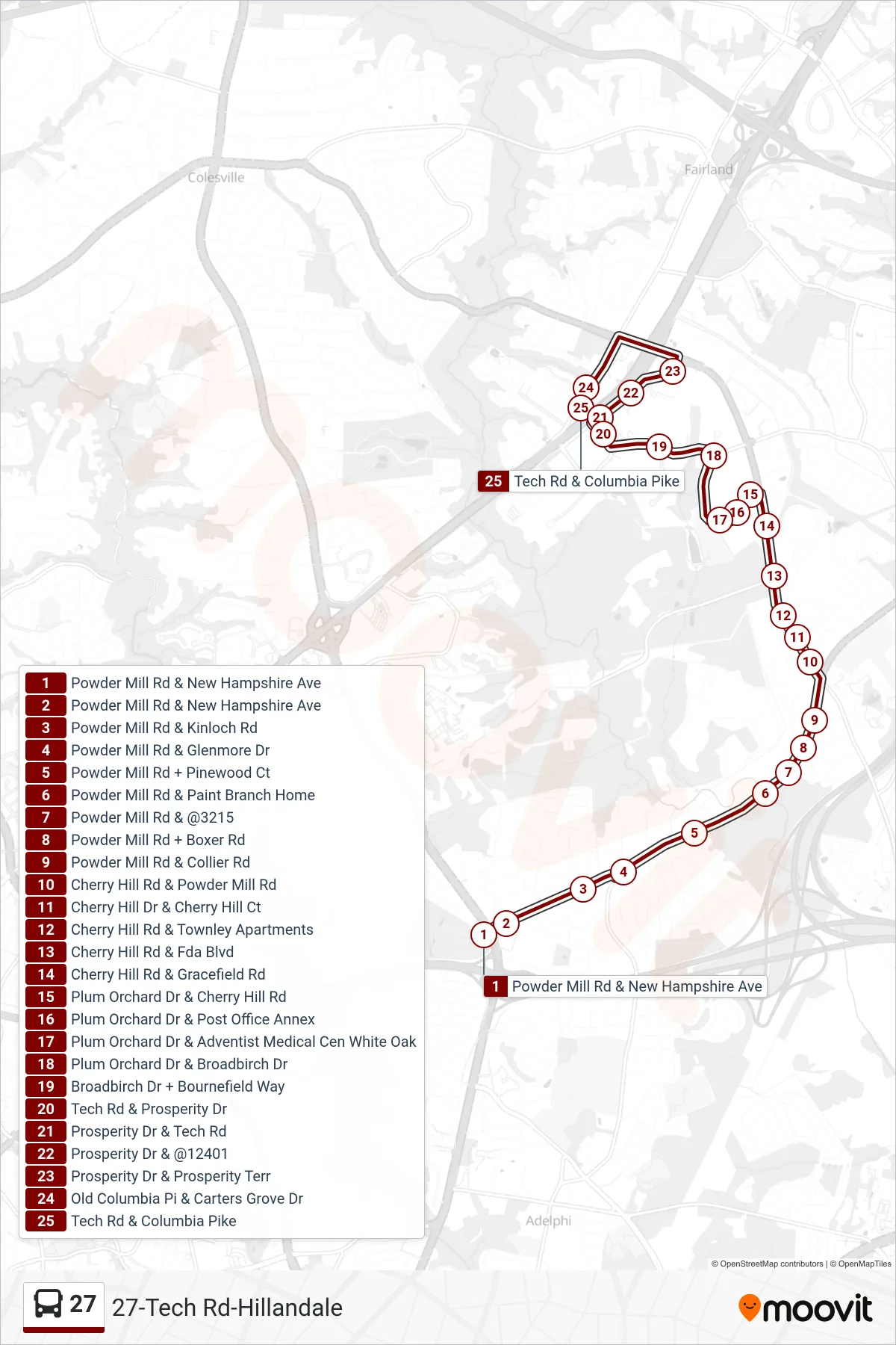 27 bus Line (Tech Rd Via Adventist Healthcare) route and stops on a map