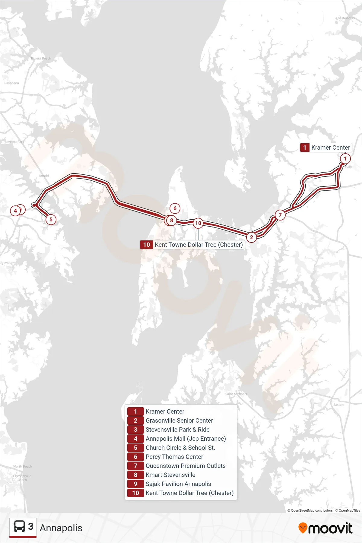 3 bus Line (Annapolis) route and stops on a map
