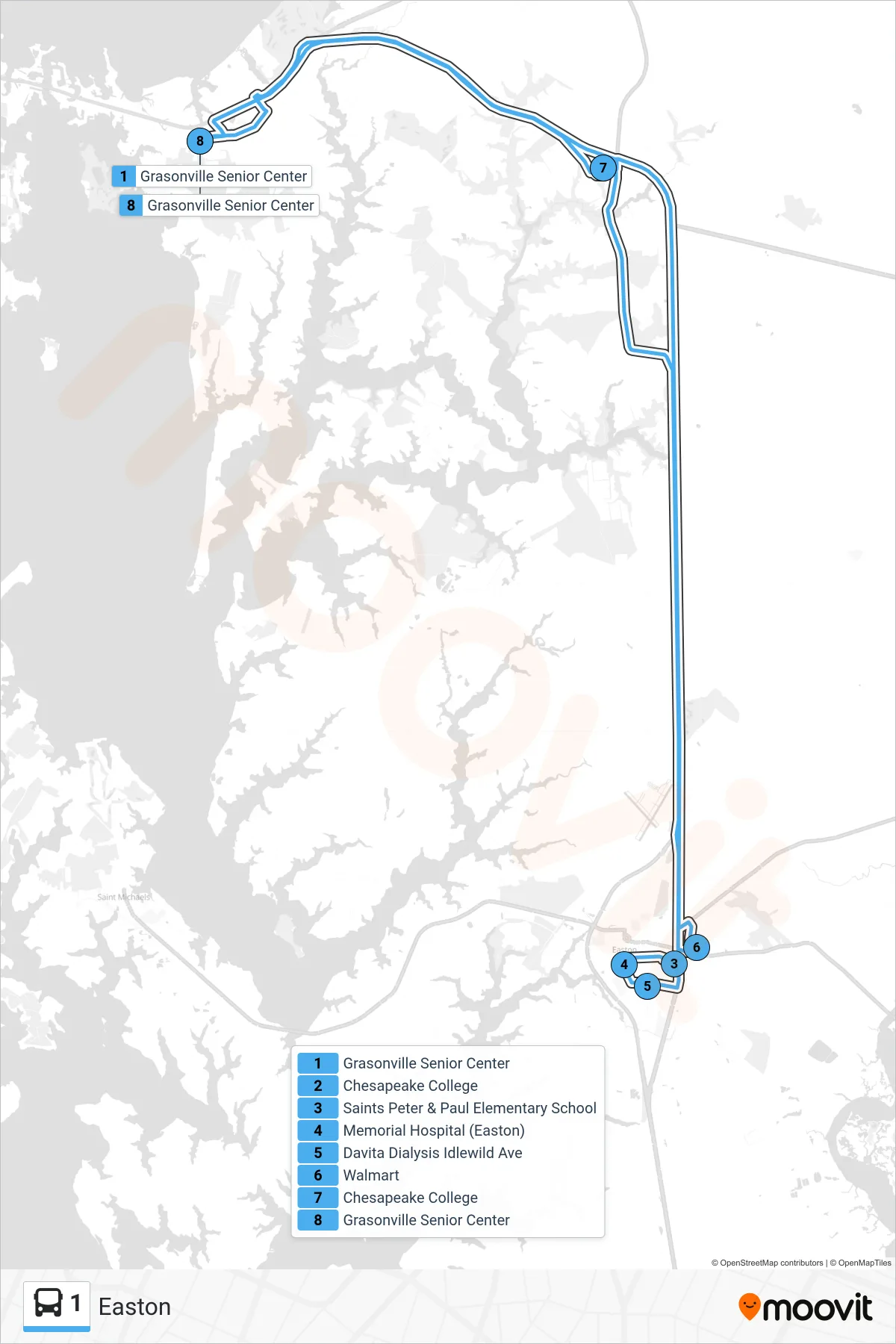 1 bus Line (Easton) route and stops on a map
