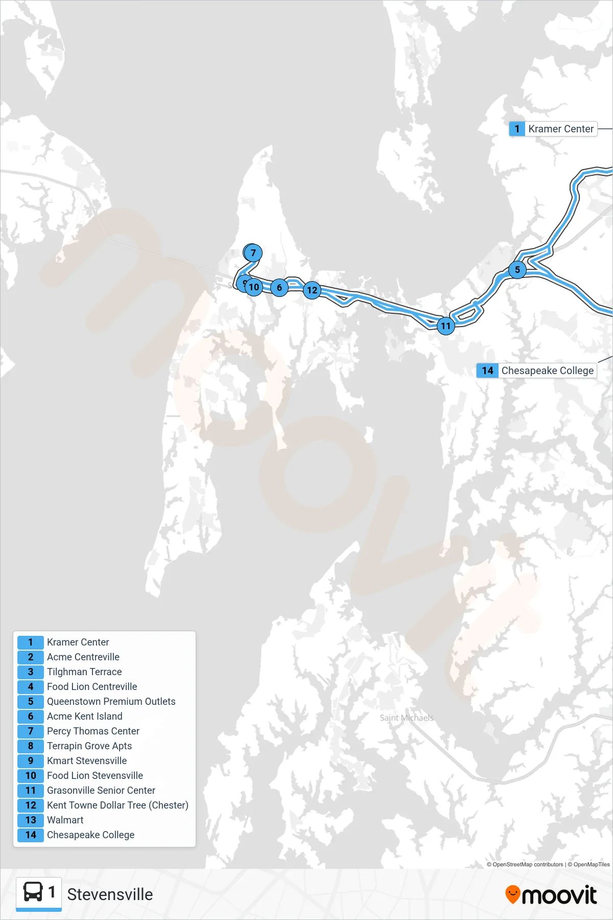1 bus Line (Stevensville) route and stops on a map