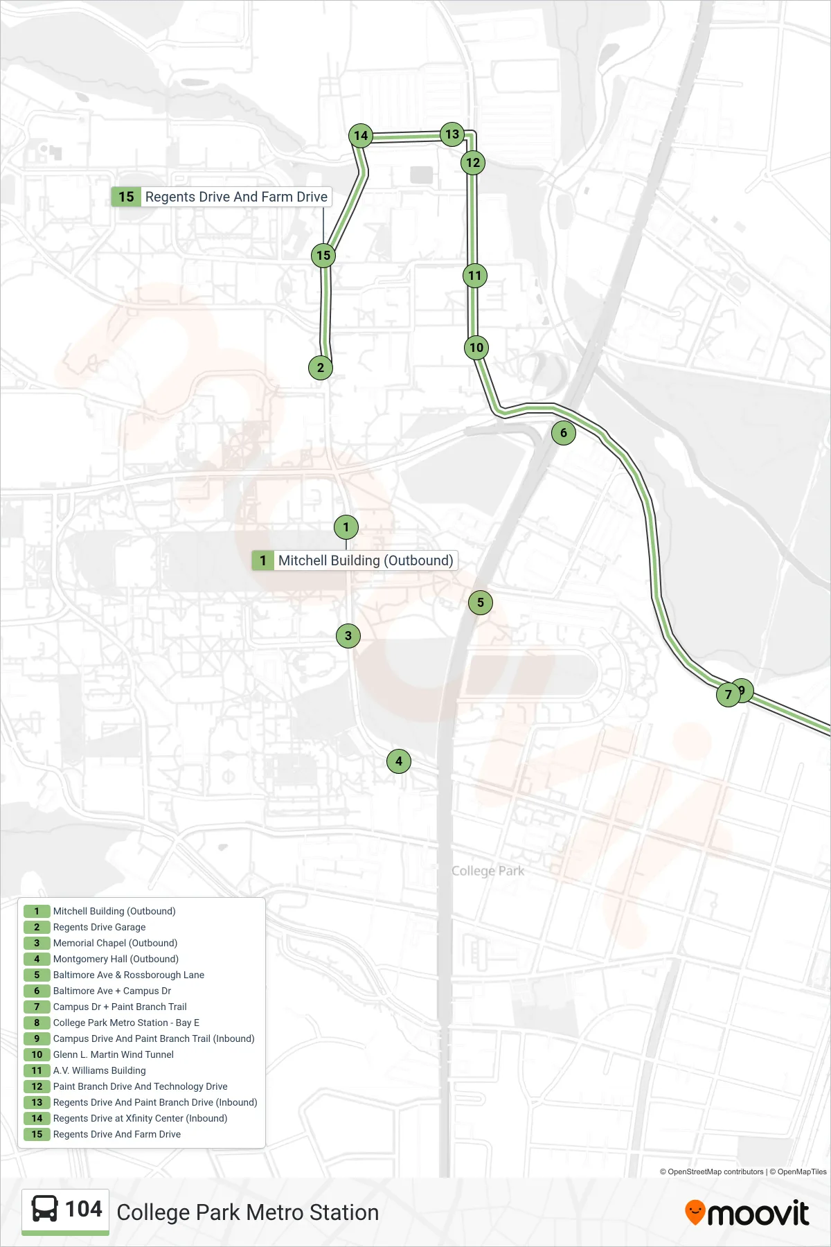 104 bus Line (College Park Metro Station) route and stops on a map