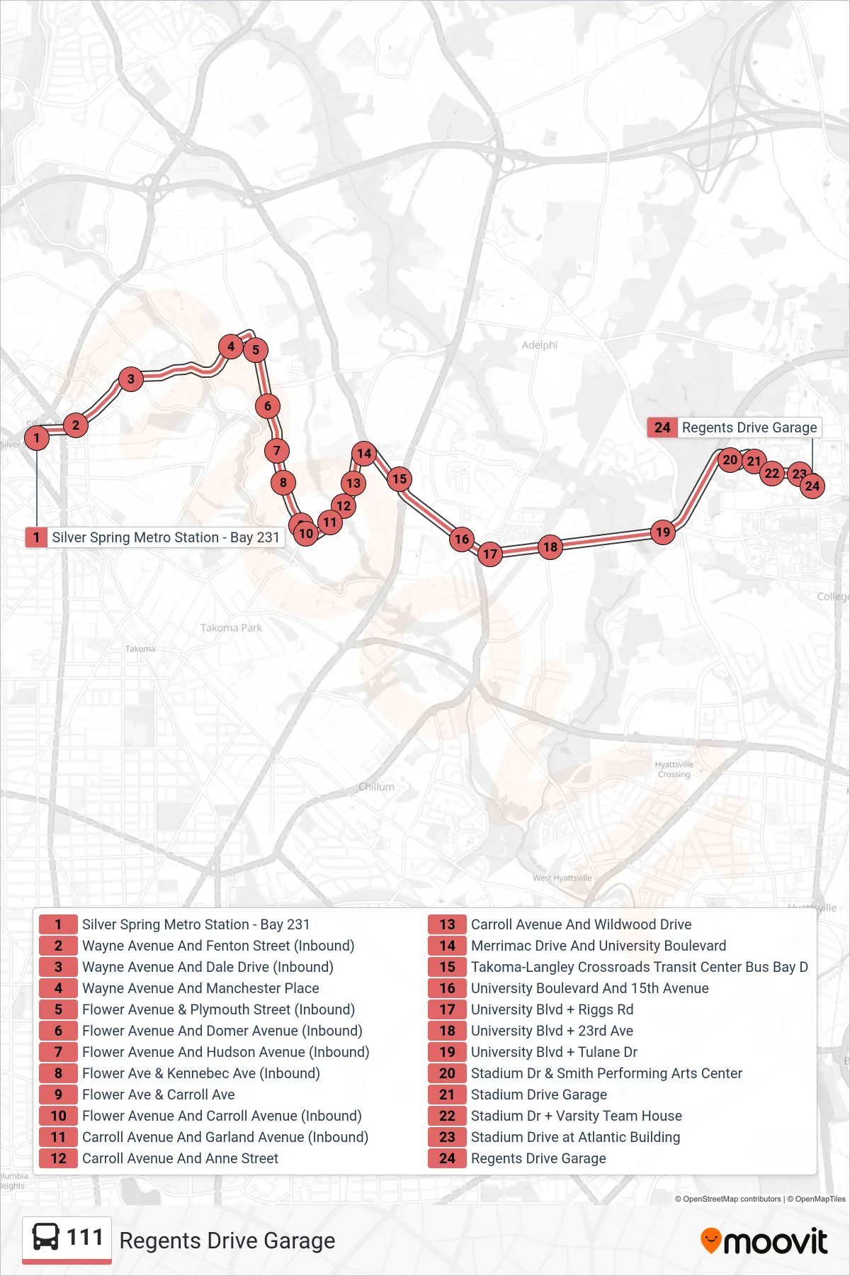 111 bus Line (Regents Drive Garage) route and stops on a map