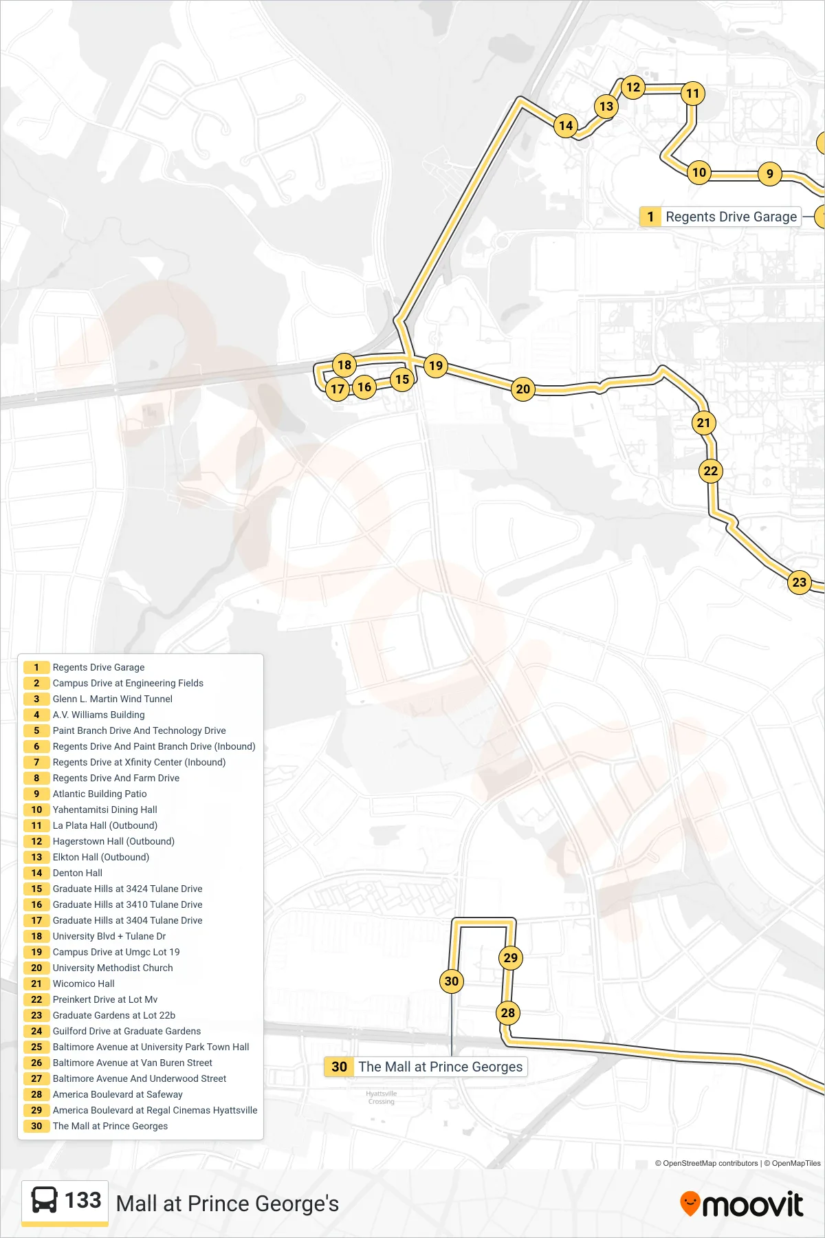 133 bus Line (Mall at Prince George's) route and stops on a map