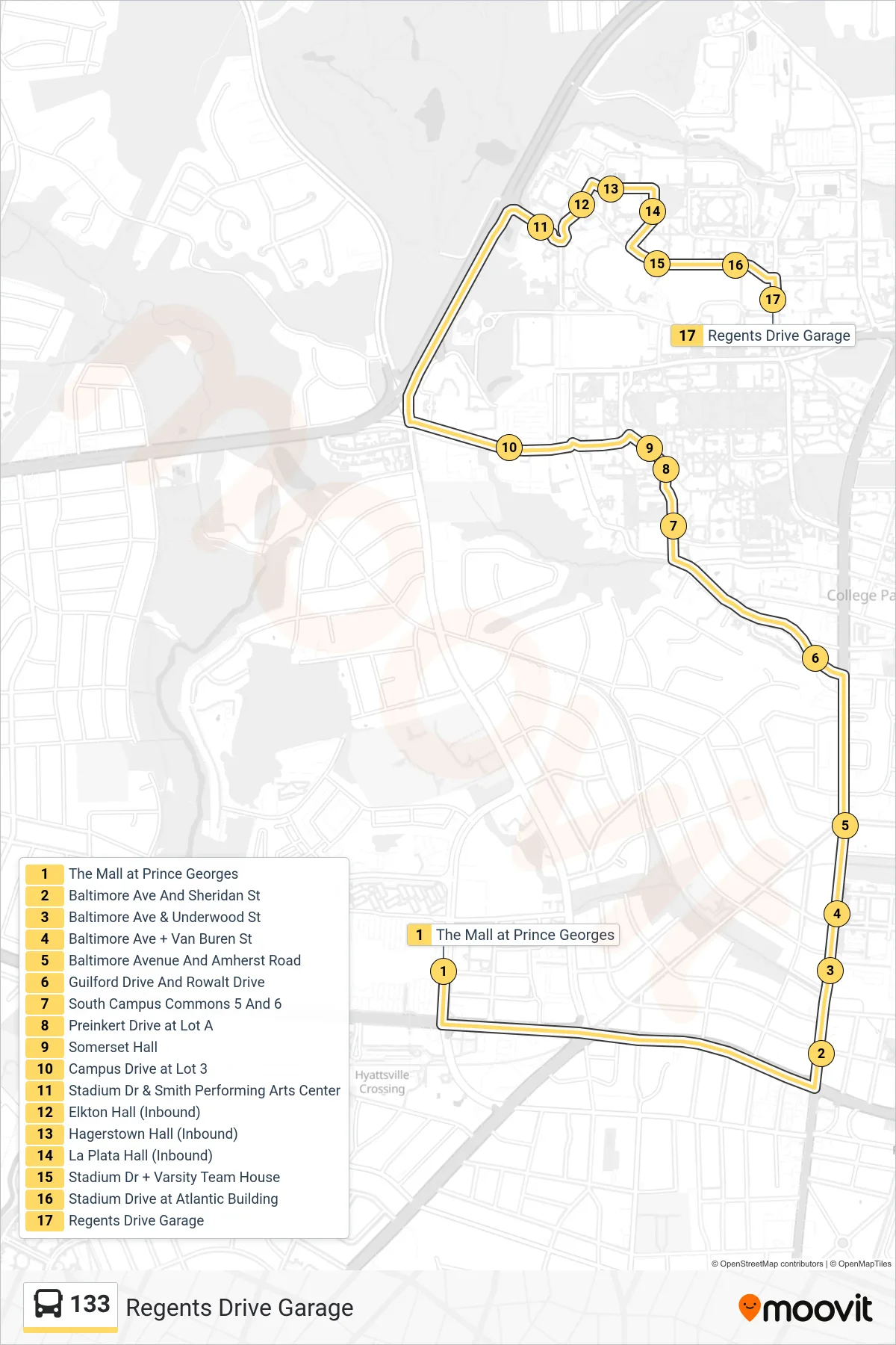 133 bus Line (Regents Drive Garage) route and stops on a map