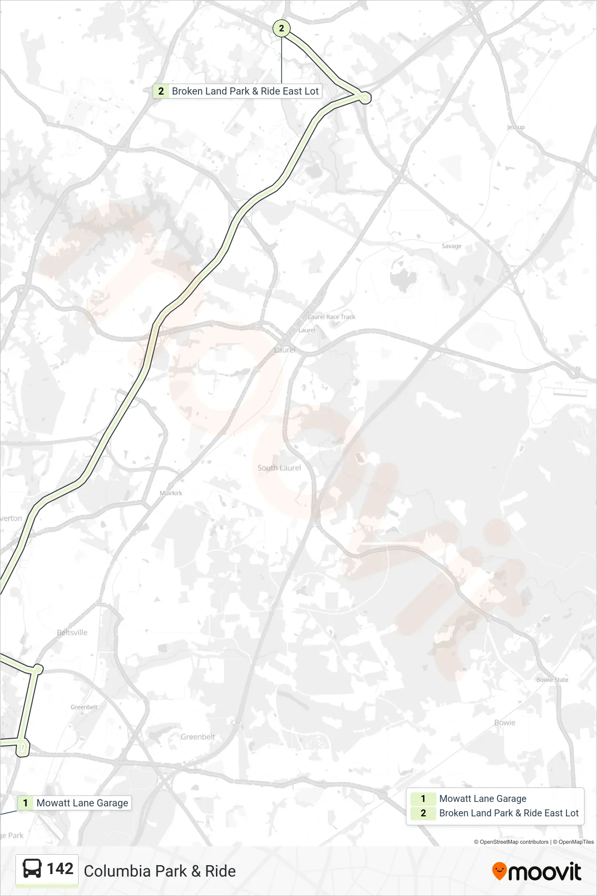 142 bus Line (Columbia Park & Ride) route and stops on a map