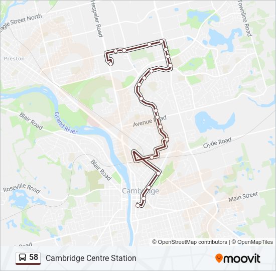 Plan de la ligne 58 de bus