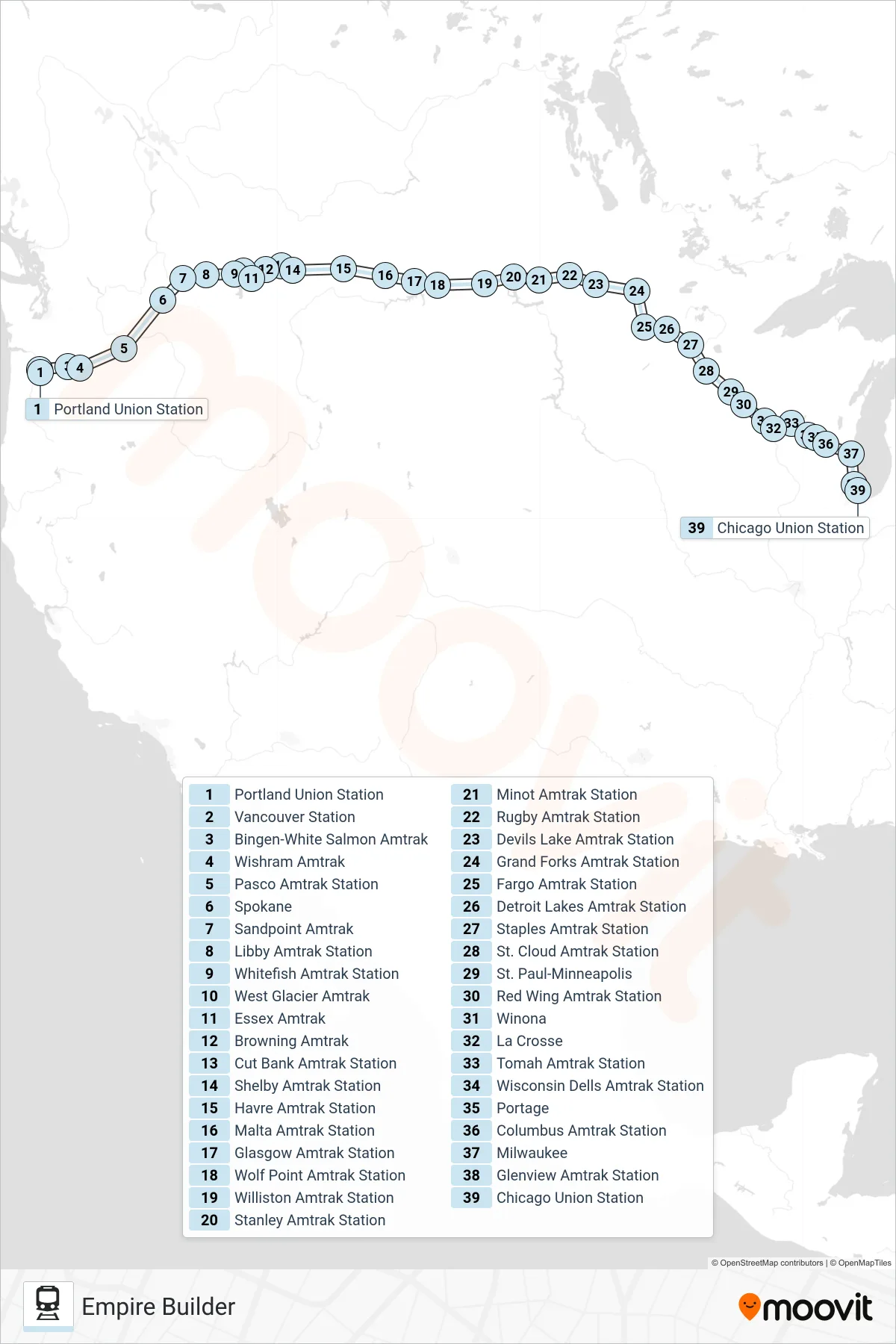 EMPIRE BUILDER train Line (Chicago) route and stops on a map