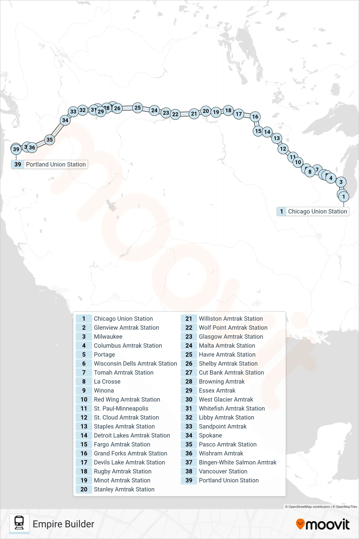 EMPIRE BUILDER rail Line (Portland) route and stops on a map