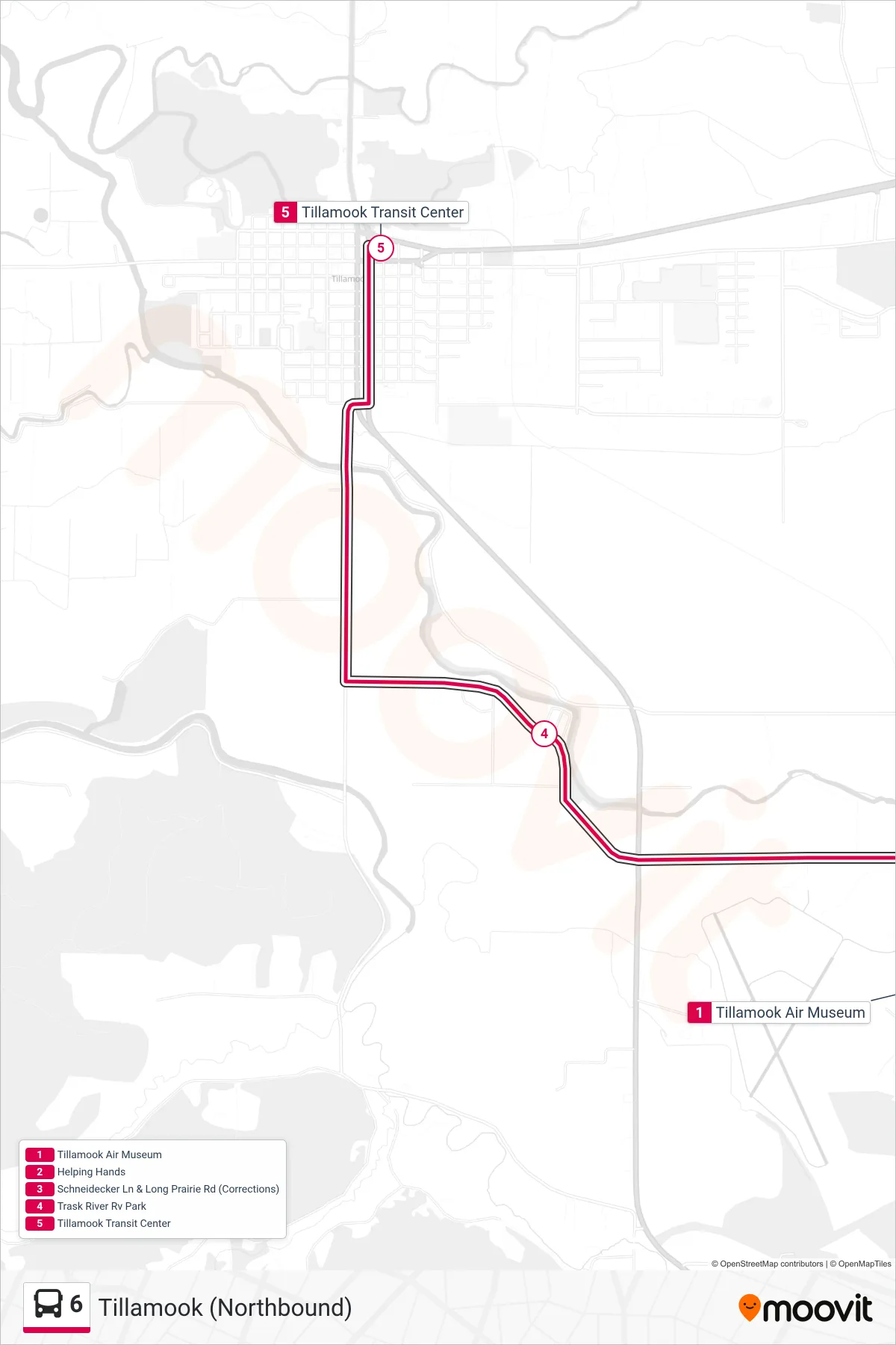 6 bus Line (Tillamook (Northbound)) route and stops on a map