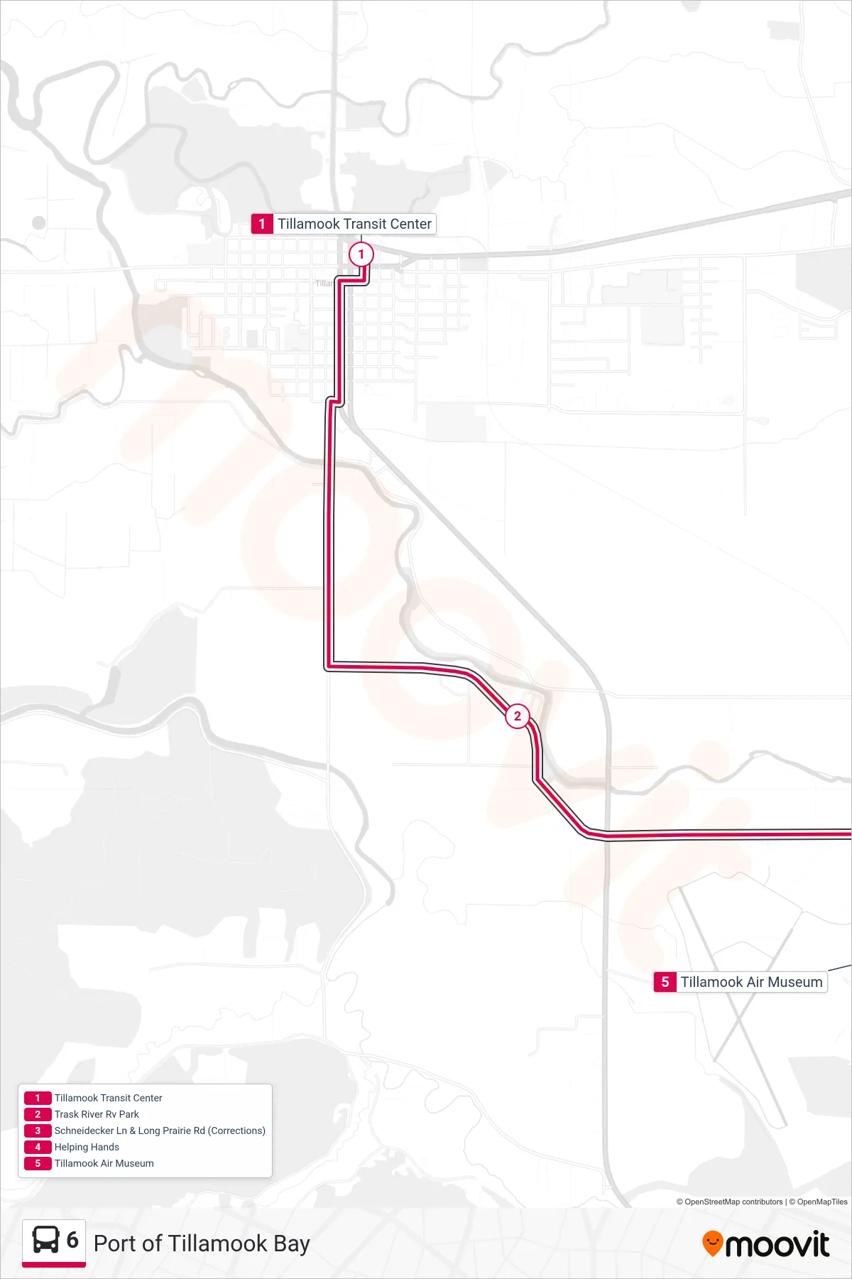 6 bus Line (Port of Tillamook Bay) route and stops on a map