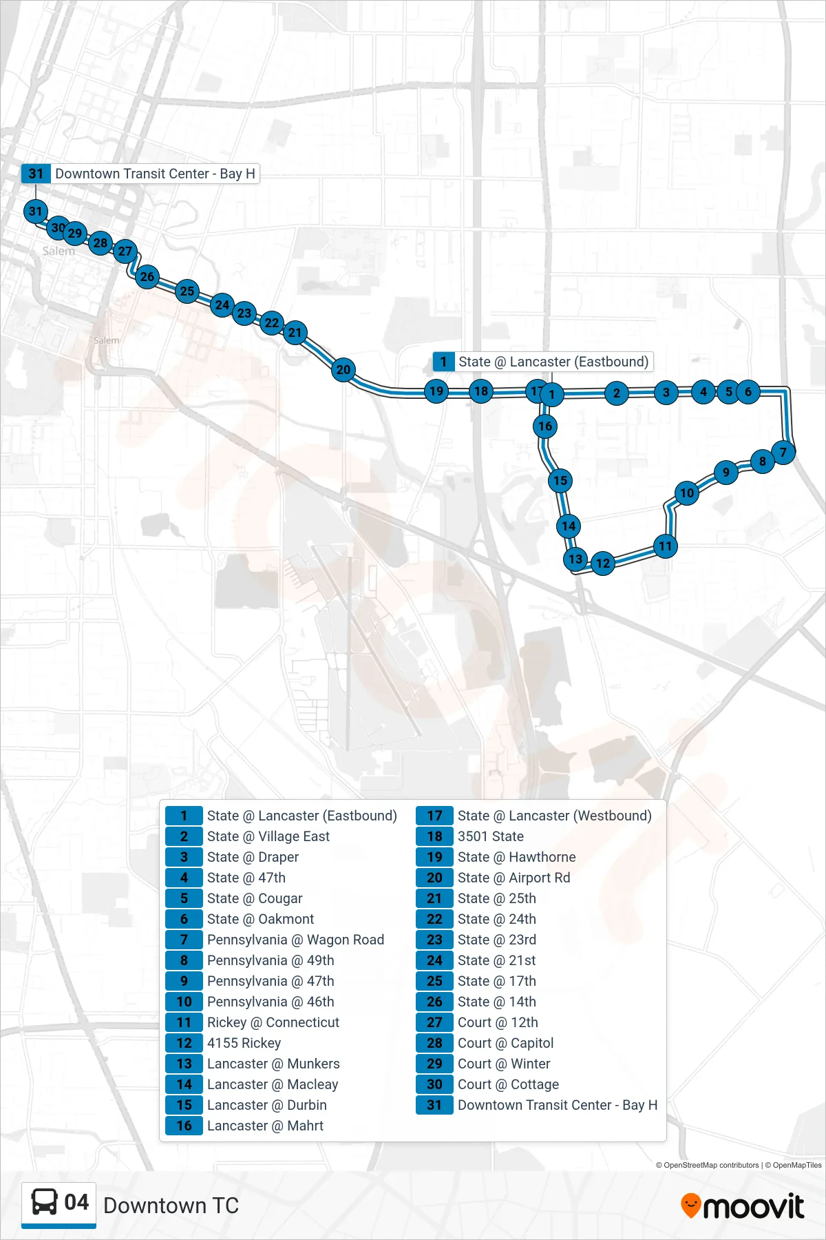 04 bus Line (Downtown TC) route and stops on a map