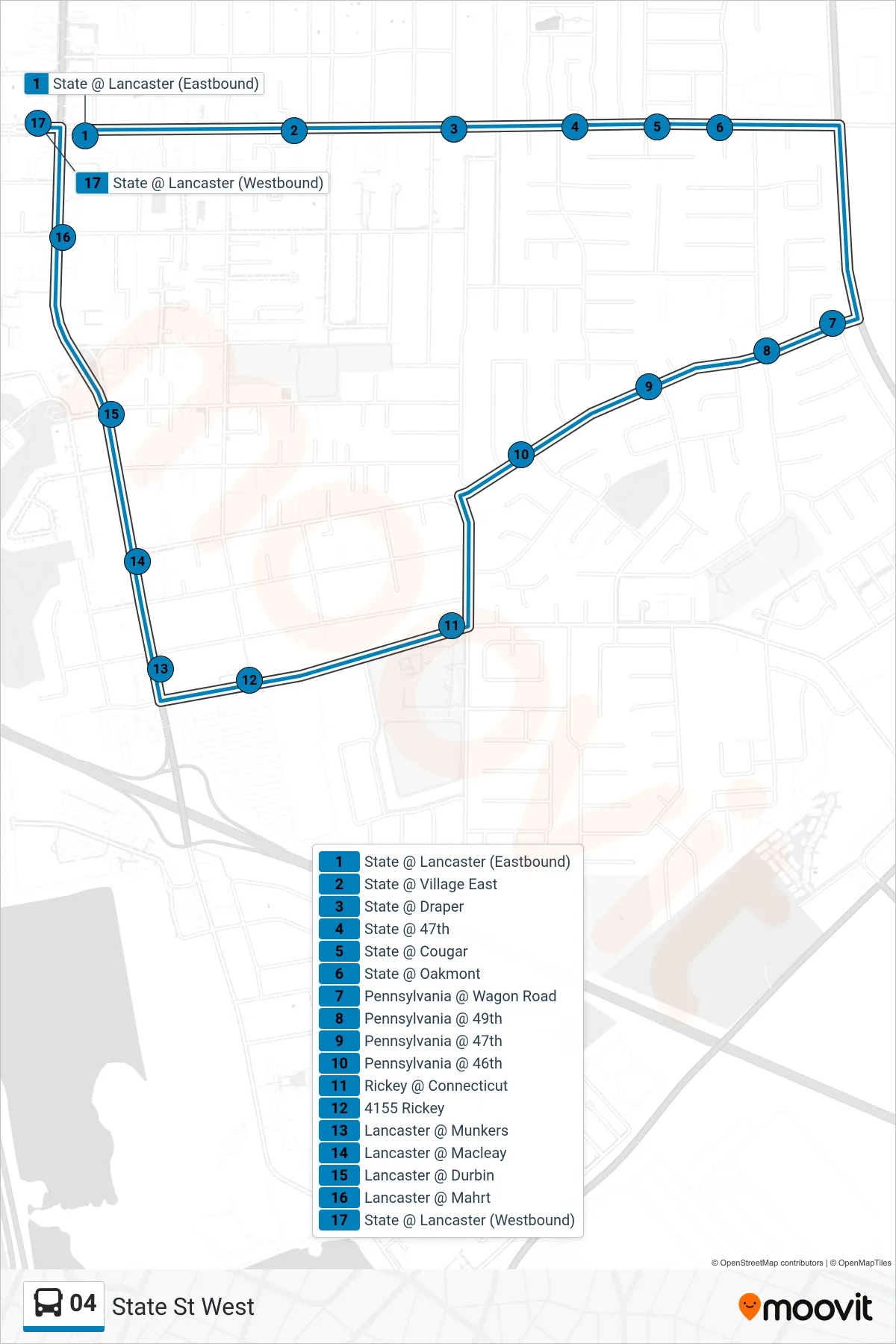 04 bus Line (State St West) route and stops on a map