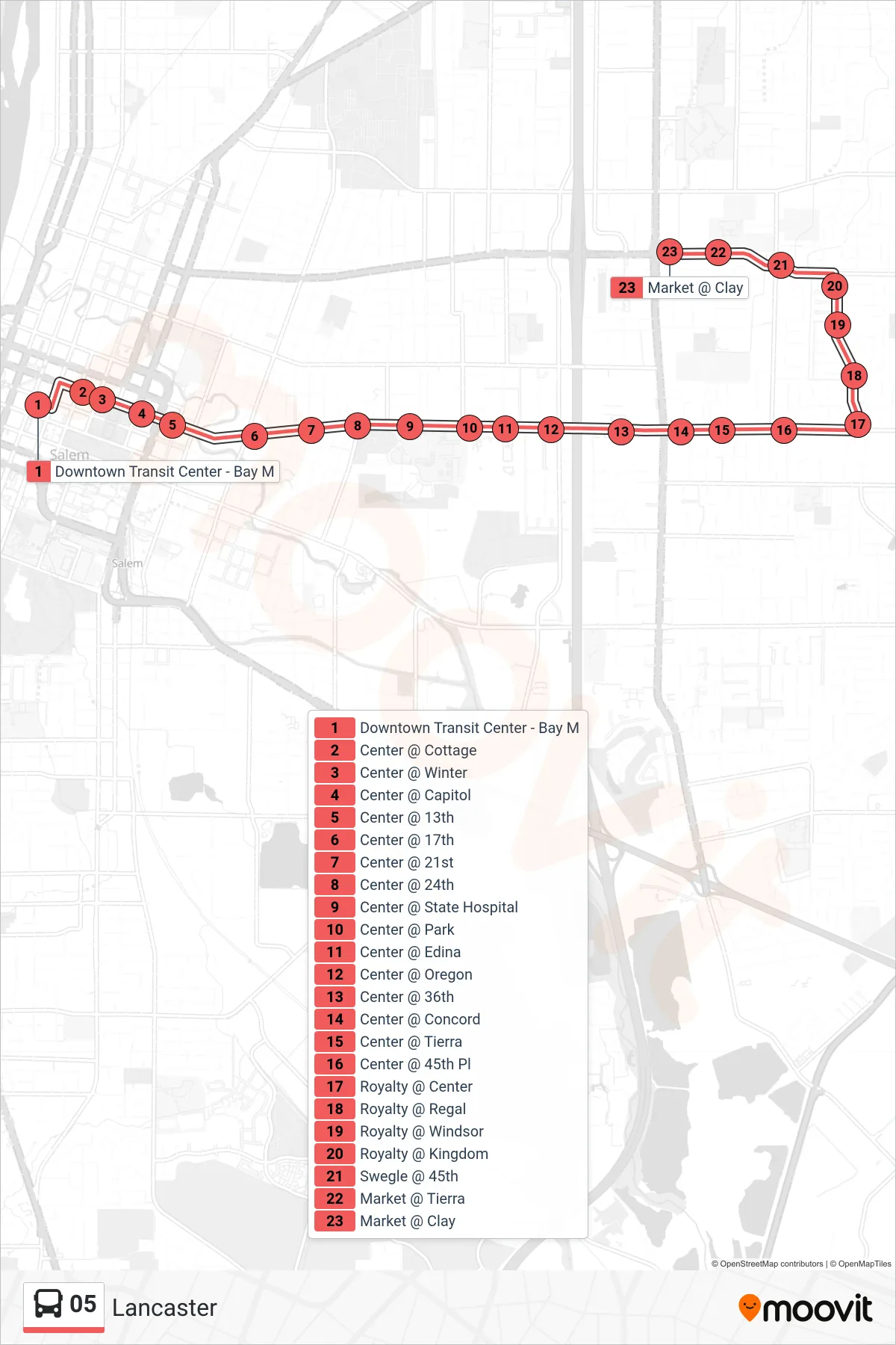 05 bus Line (Lancaster) route and stops on a map