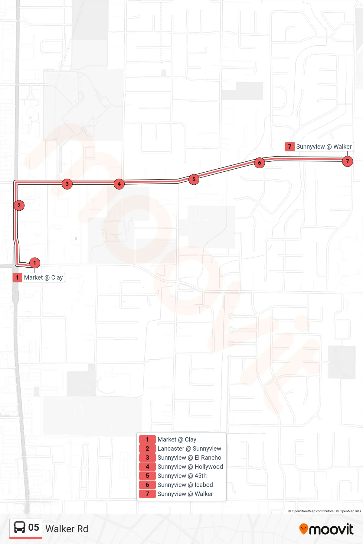 05 bus Line (Walker Rd) route and stops on a map