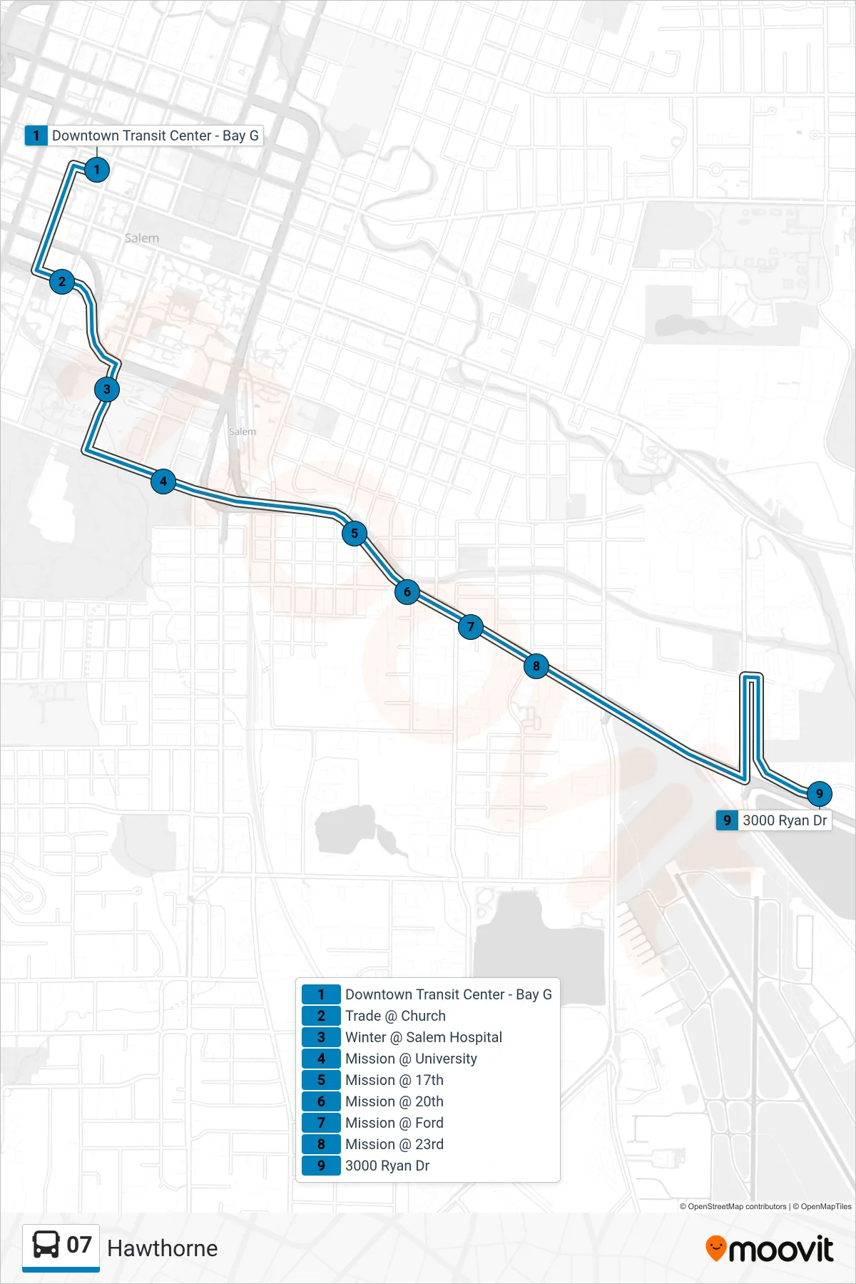 07 bus Line (Hawthorne) route and stops on a map