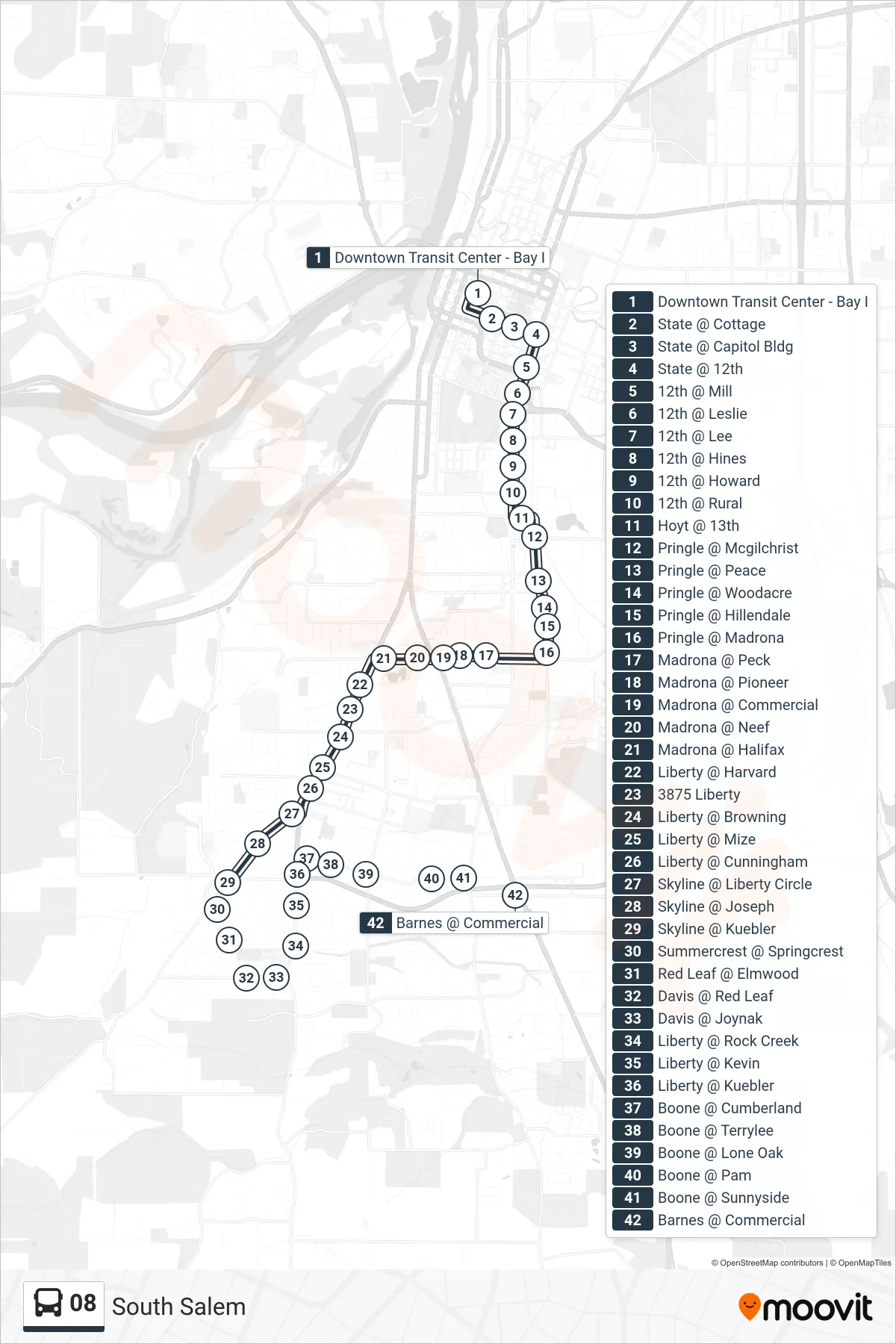 08 bus Line (South Salem) route and stops on a map