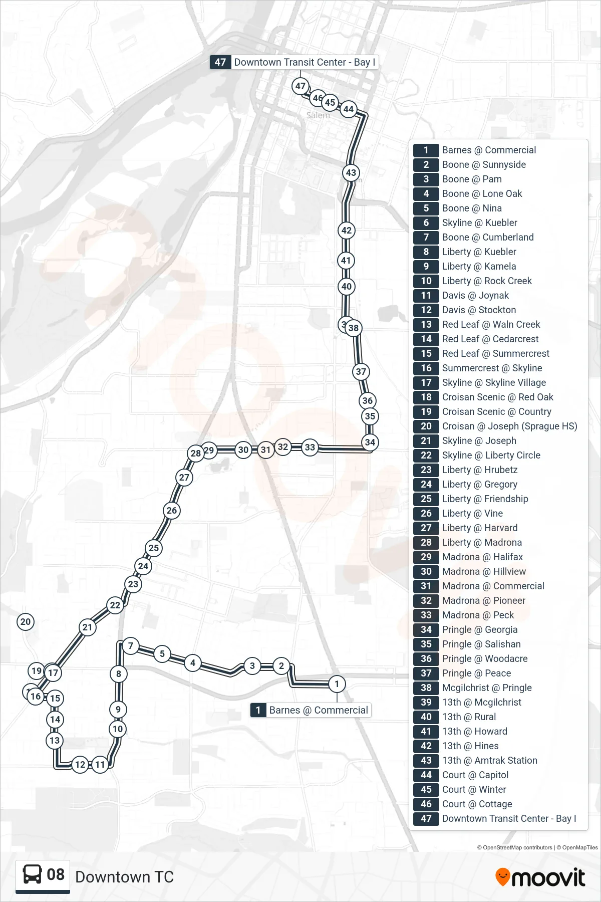 08 bus Line (Downtown TC) route and stops on a map