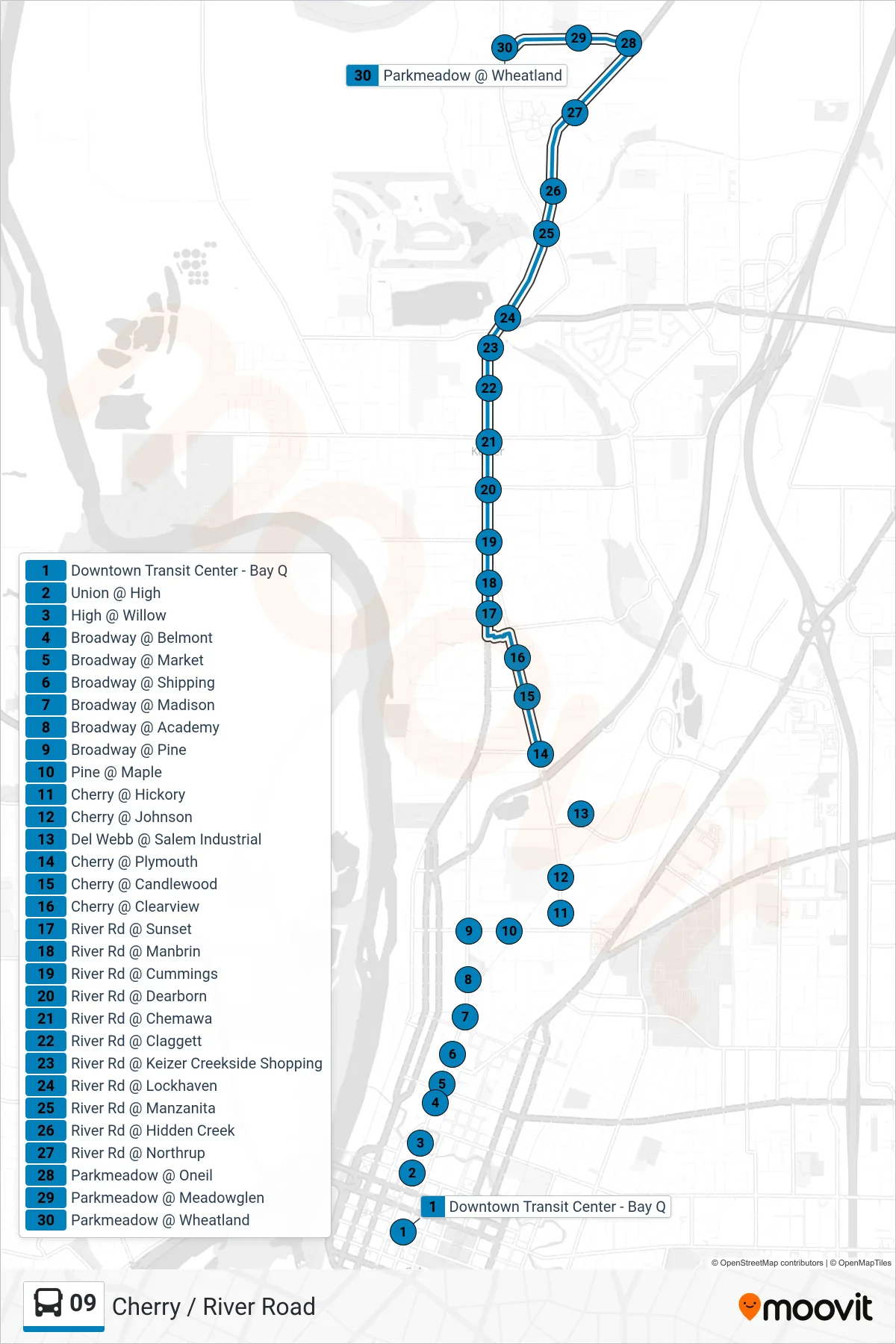 09 bus Line (Parkmeadow) route and stops on a map