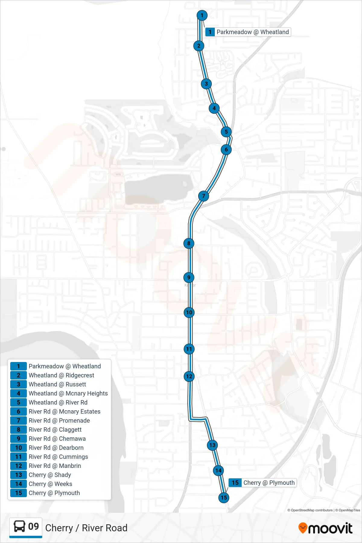 09 bus Line (Del Webb Ave) route and stops on a map