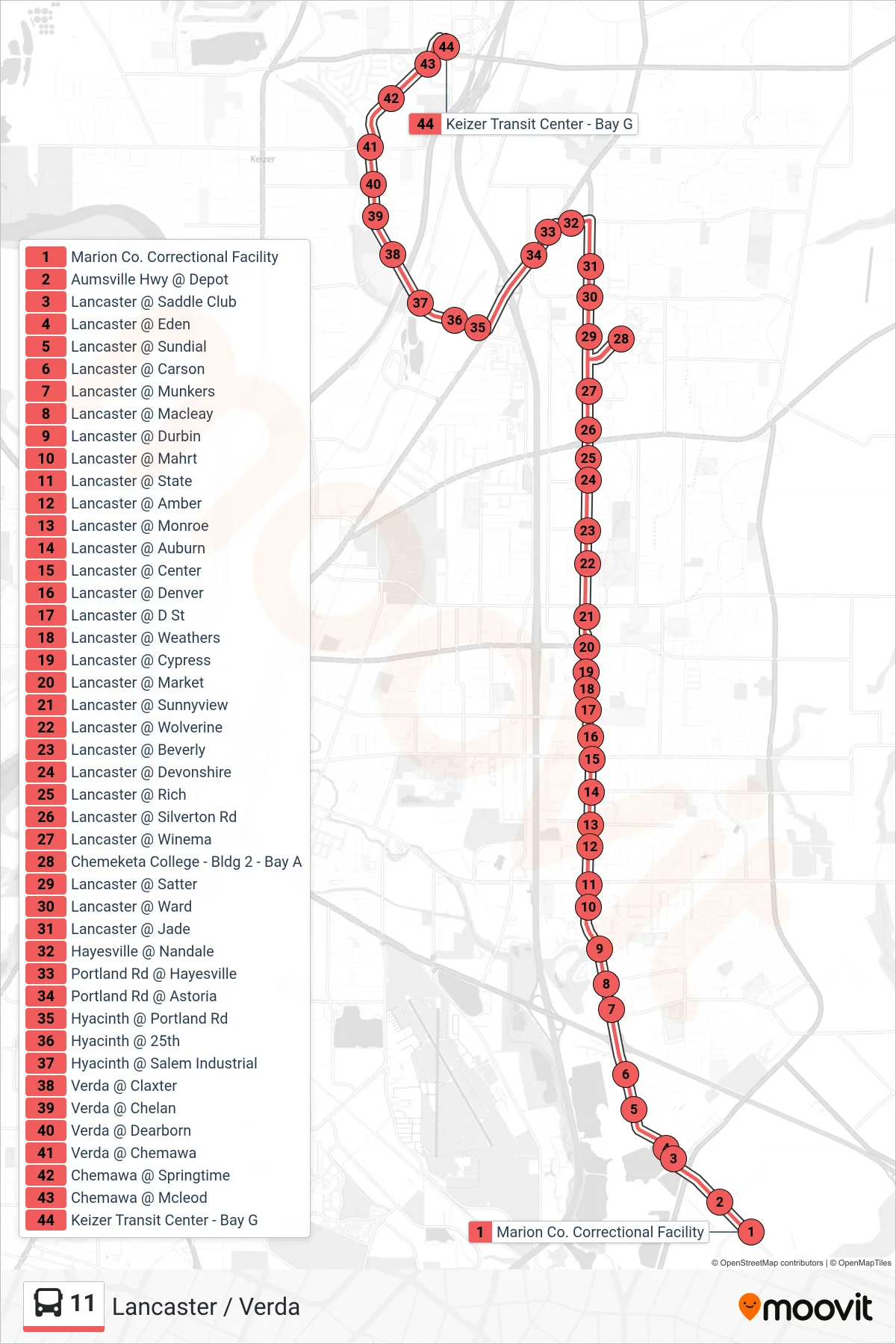 11 bus Line (Keizer TC) route and stops on a map