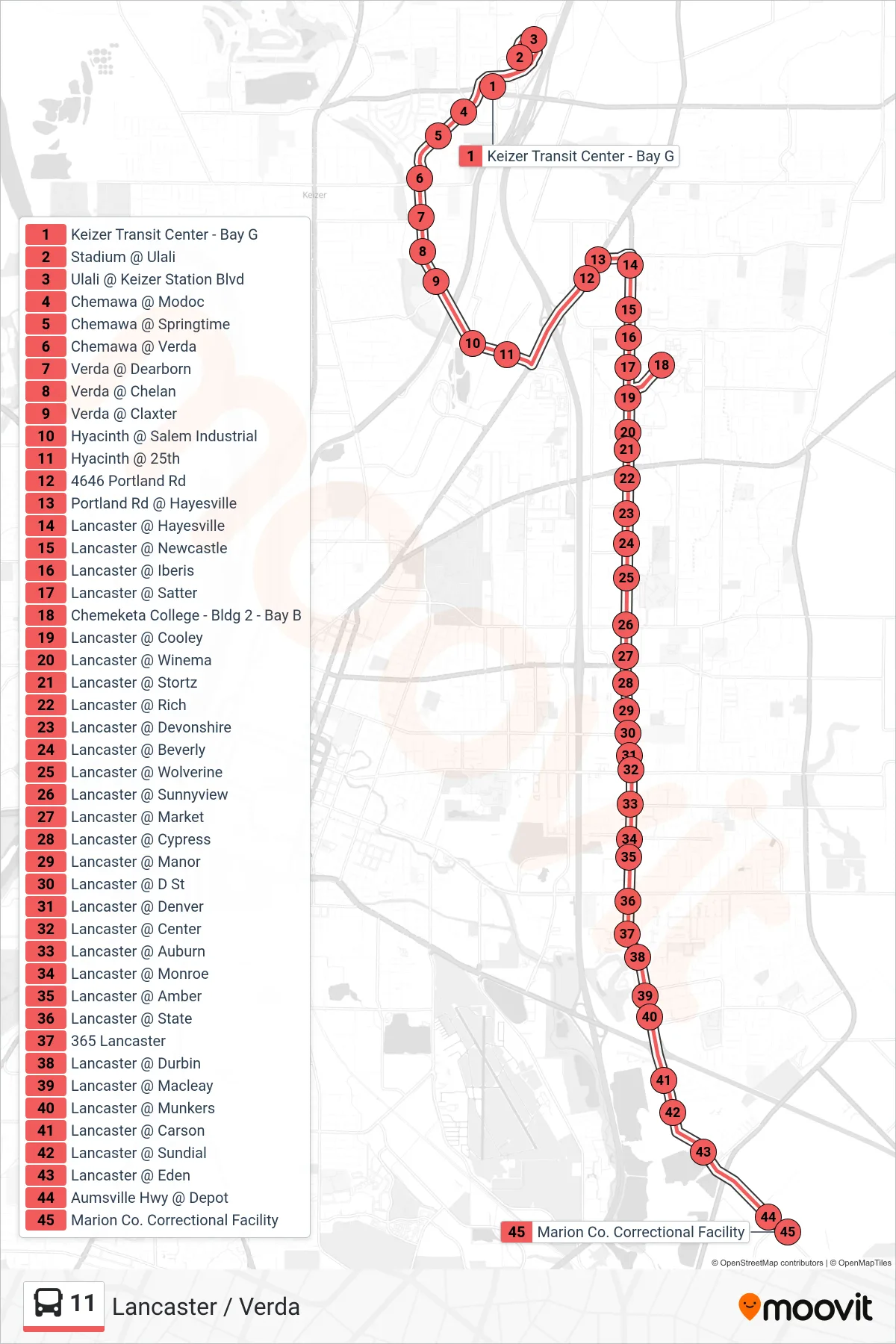 11 bus Line (S. Lancaster) route and stops on a map