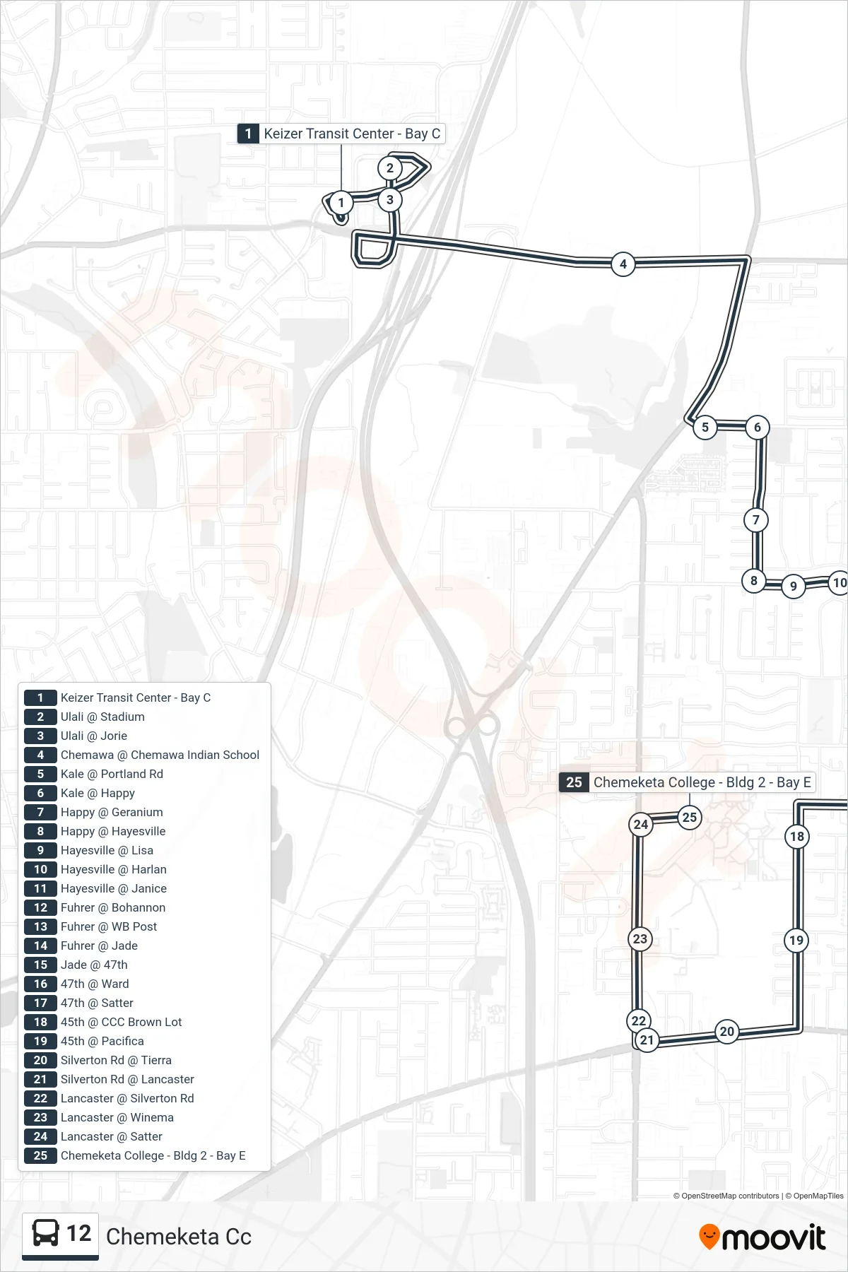 12 bus Line (Chemeketa Cc) route and stops on a map