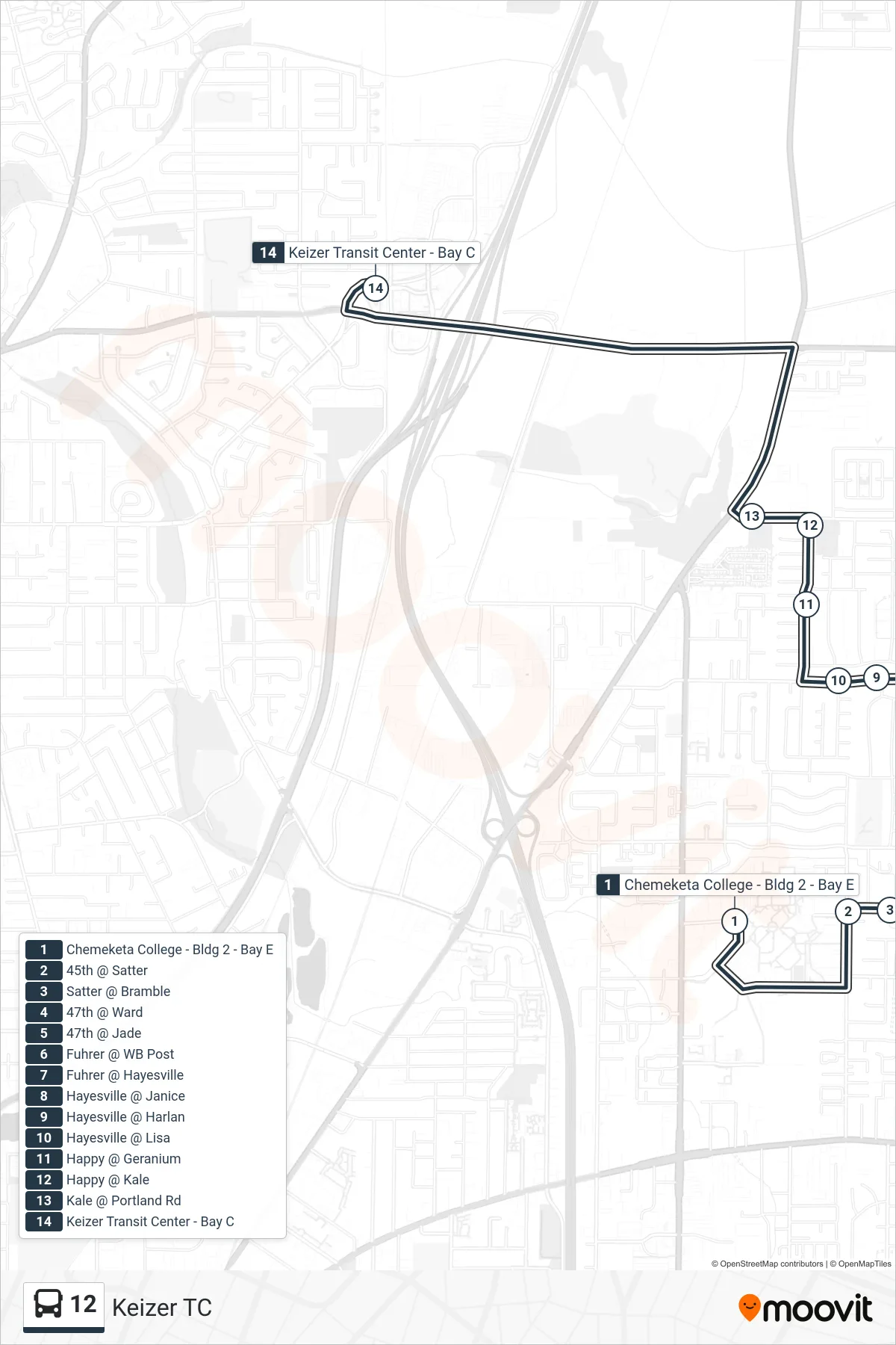 12 bus Line (Keizer TC) route and stops on a map