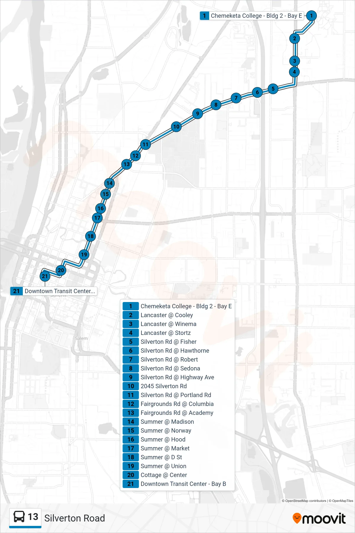 13 bus Line (Downtown TC) route and stops on a map