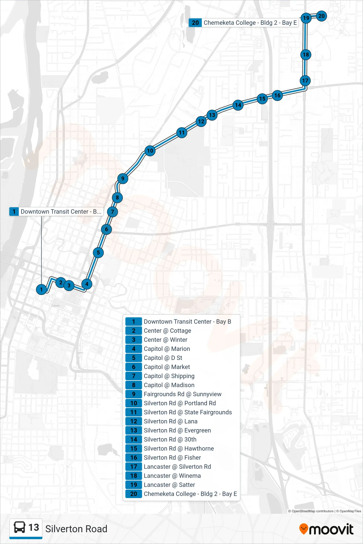 13 bus Line (Chemeketa Cc) route and stops on a map