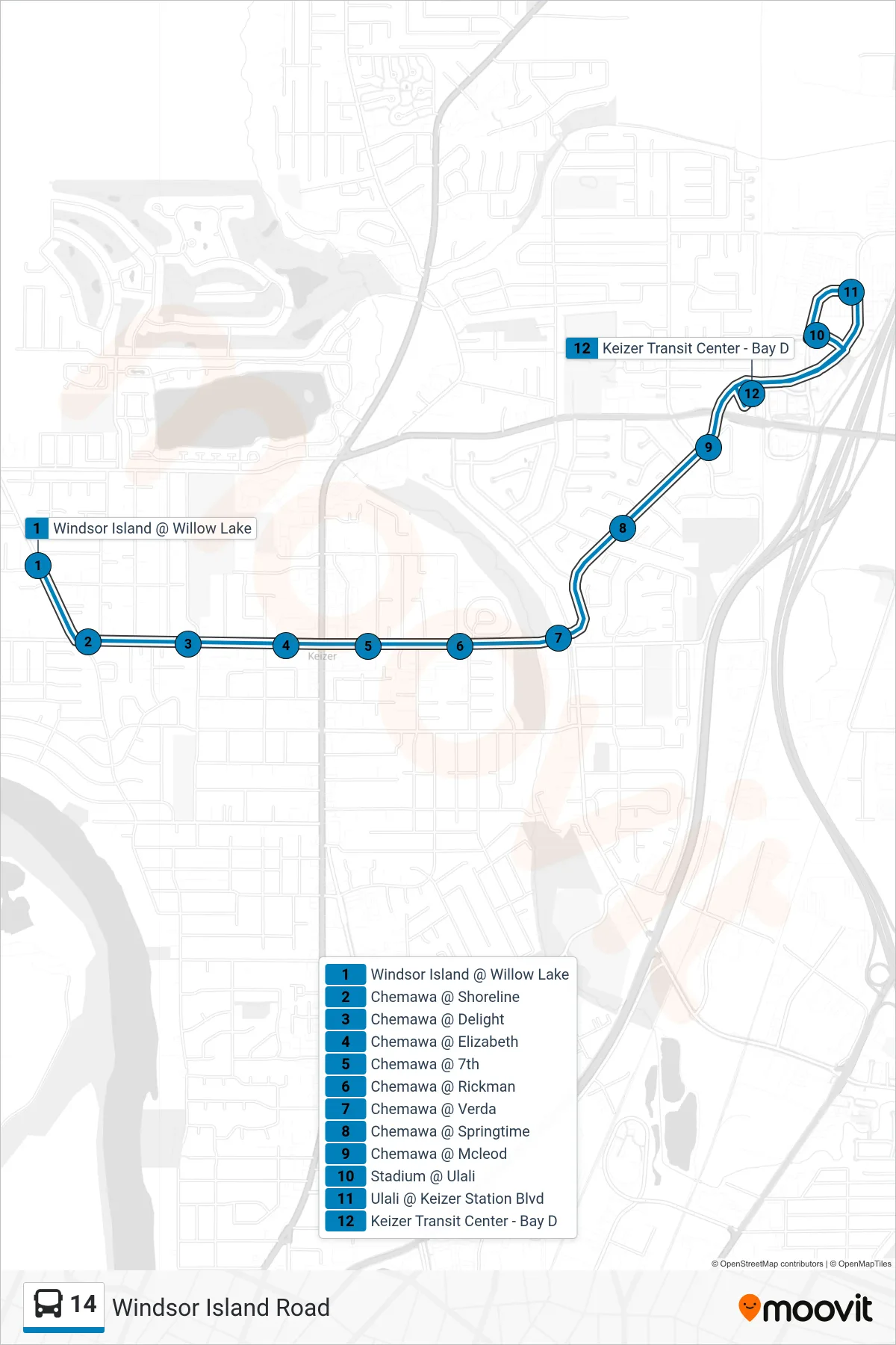 14 bus Line (Keizer TC) route and stops on a map