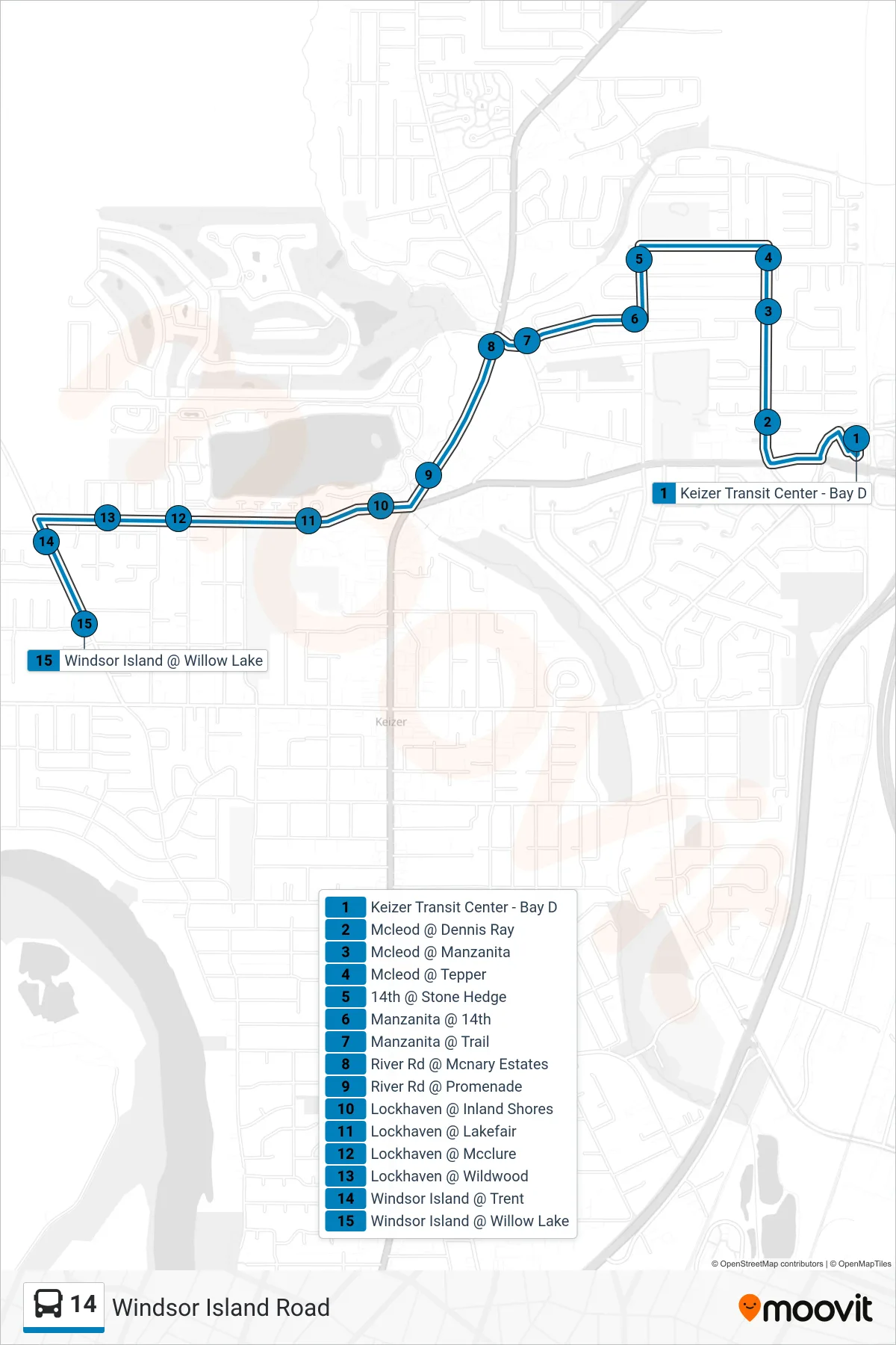 14 bus Line (Keizer TC) route and stops on a map