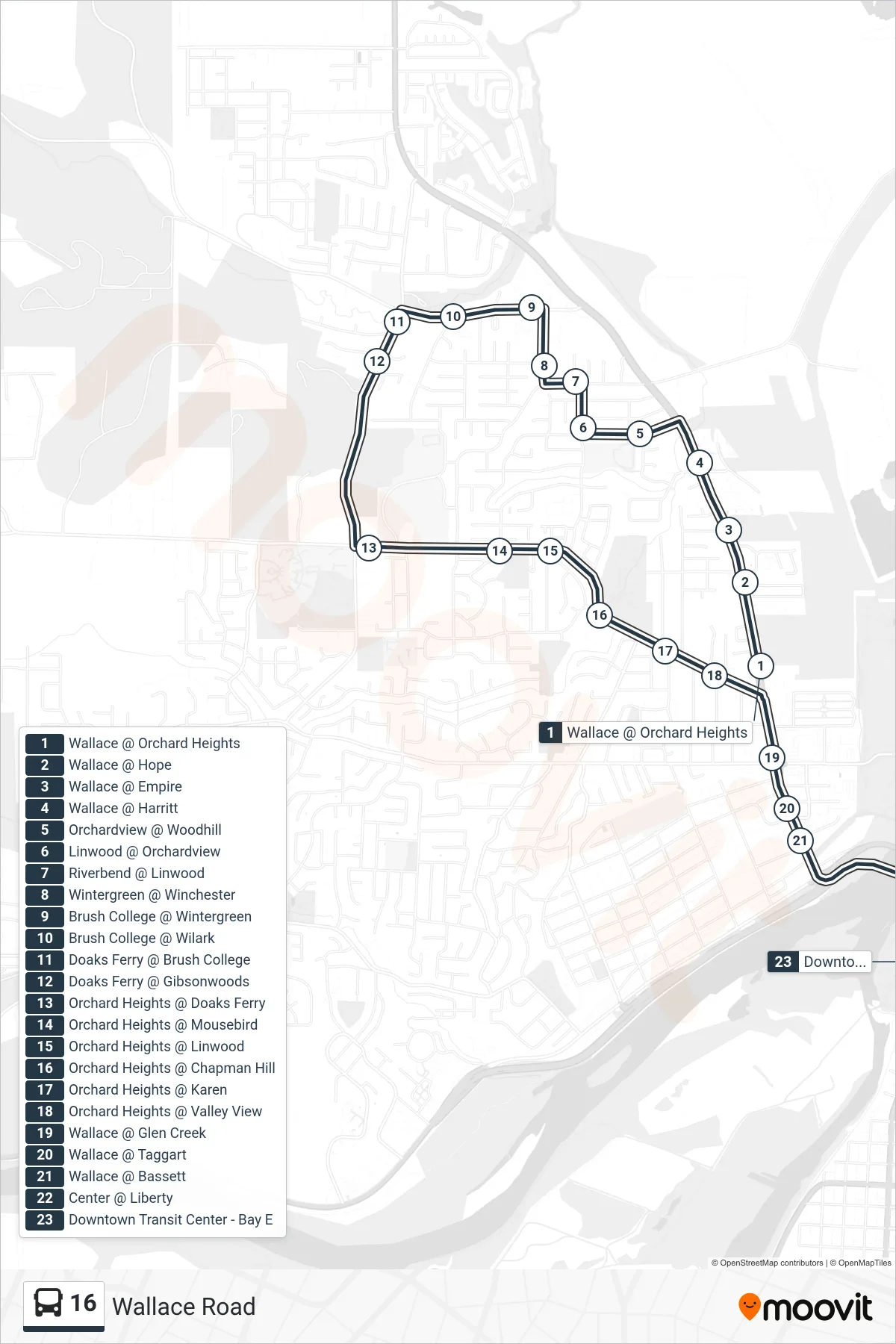 16 bus Line (Downtown TC) route and stops on a map
