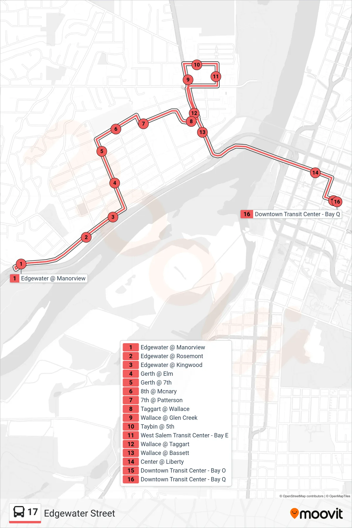 17 bus Line (Downtown TC) route and stops on a map