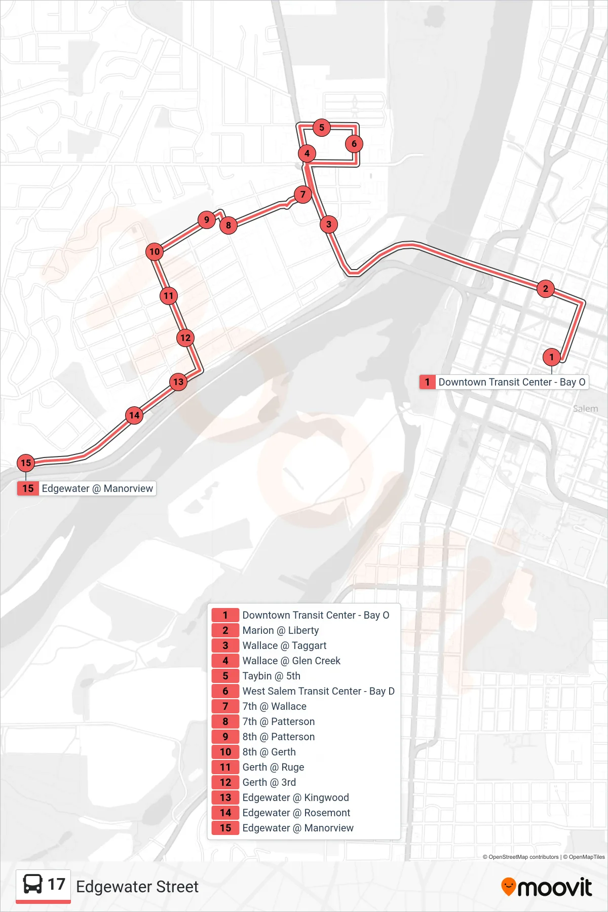 17 bus Line (West Salem) route and stops on a map