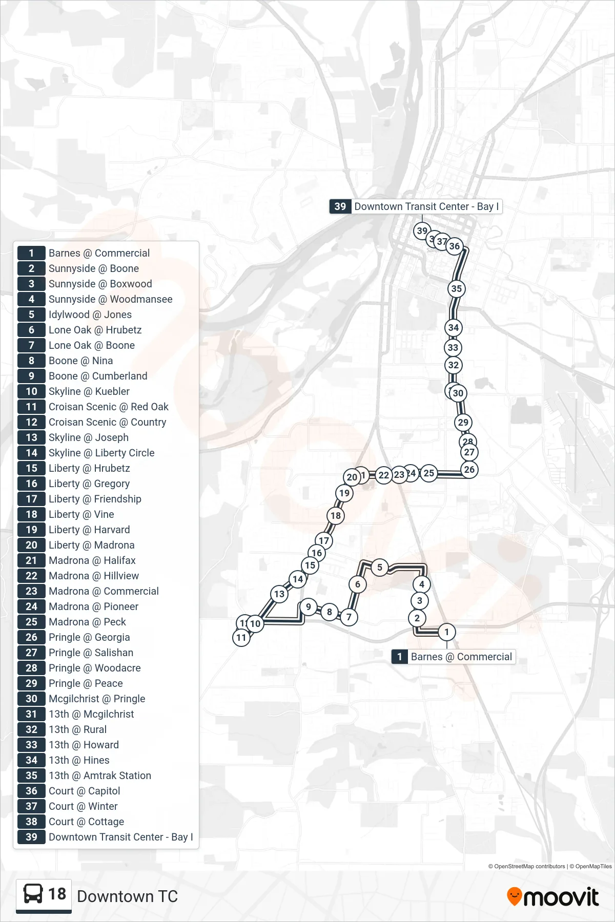 18 bus Line (Downtown TC) route and stops on a map